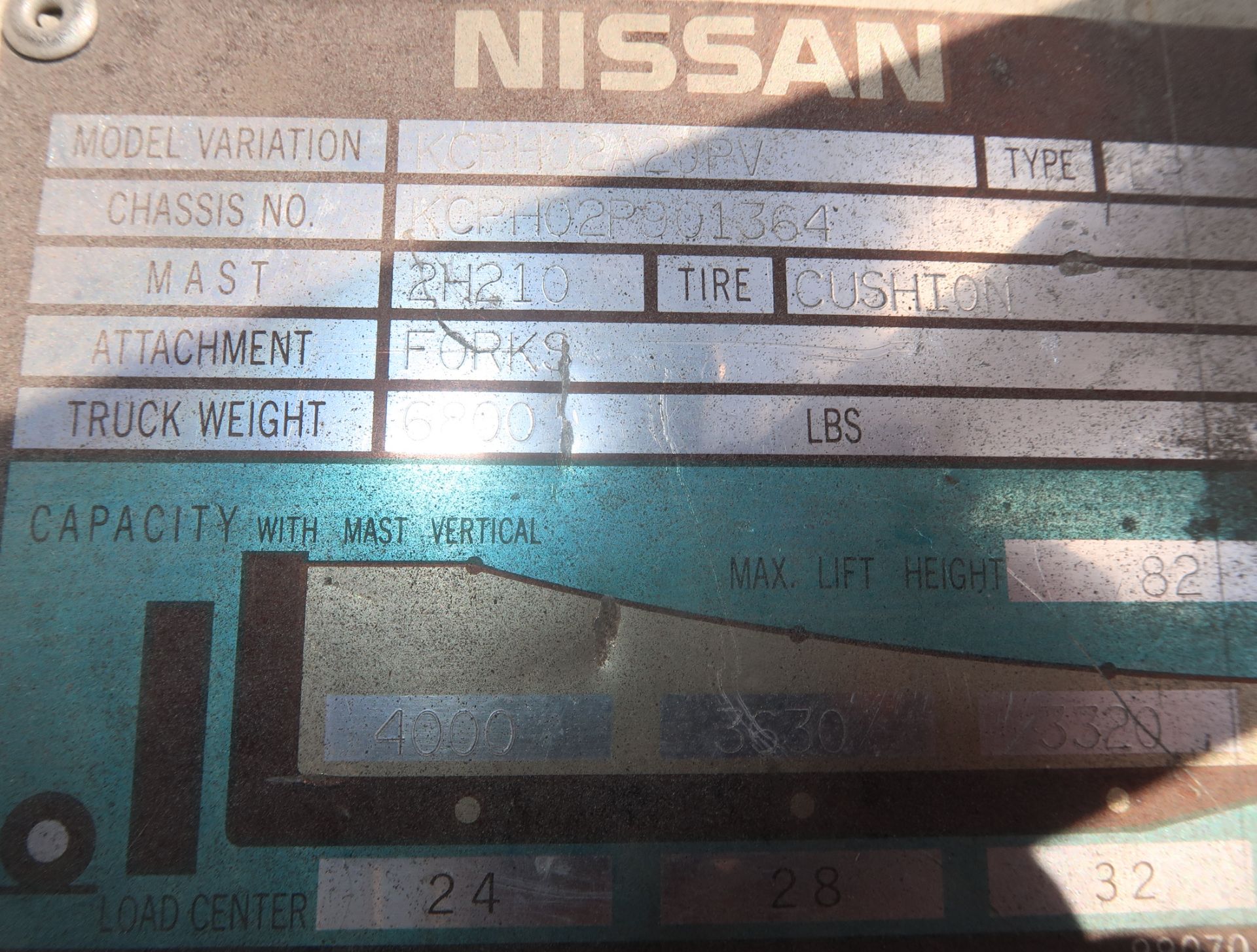 NISSAN SINGLE STAGE FORKLIFT, SOLID TIRE, PROPANE, 1193 HOURS, LOW MAST - Image 3 of 6