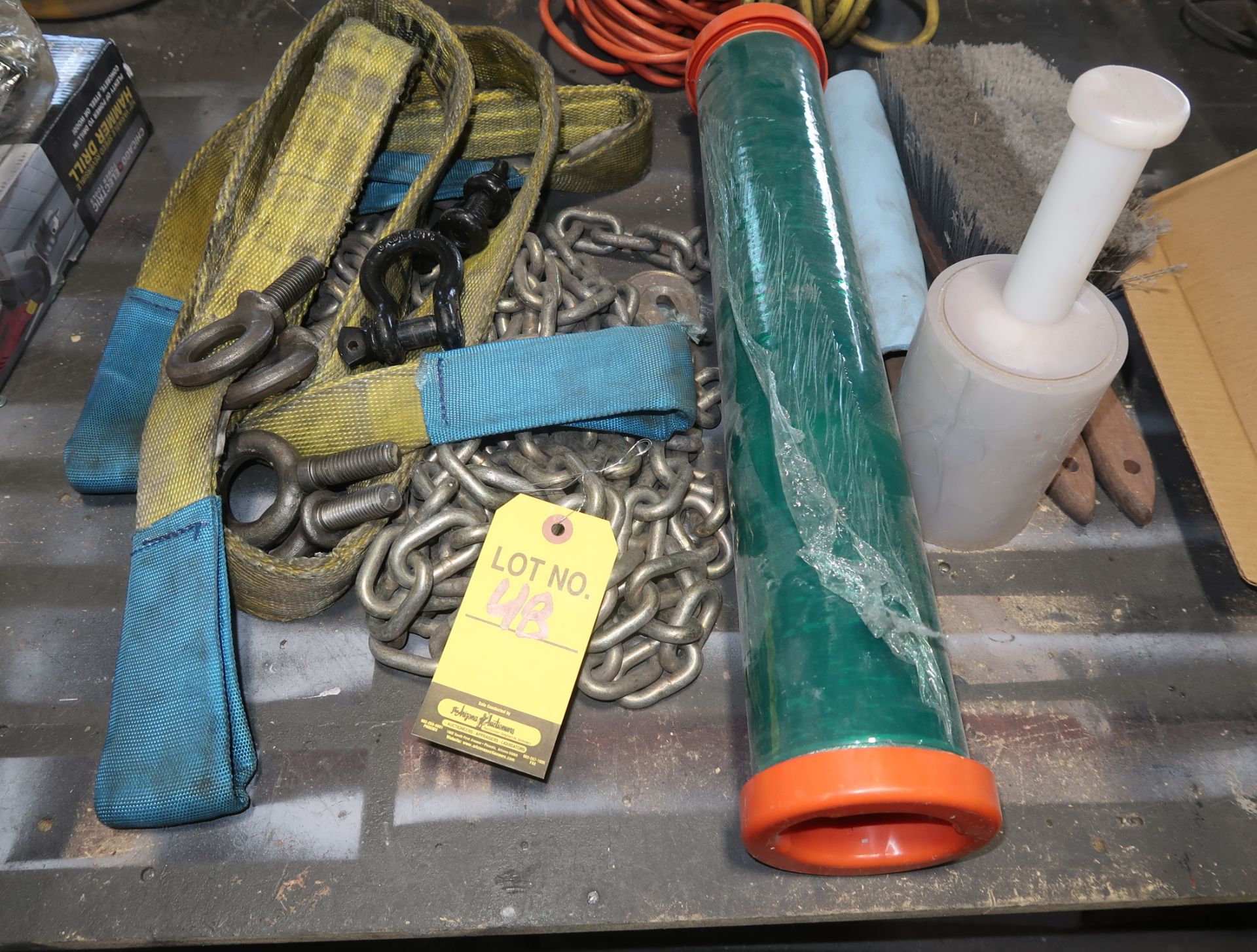 LOT RIGGING CHAINS, STRAPS, EYE BOLTS, SHRINK WRAP, ETC.