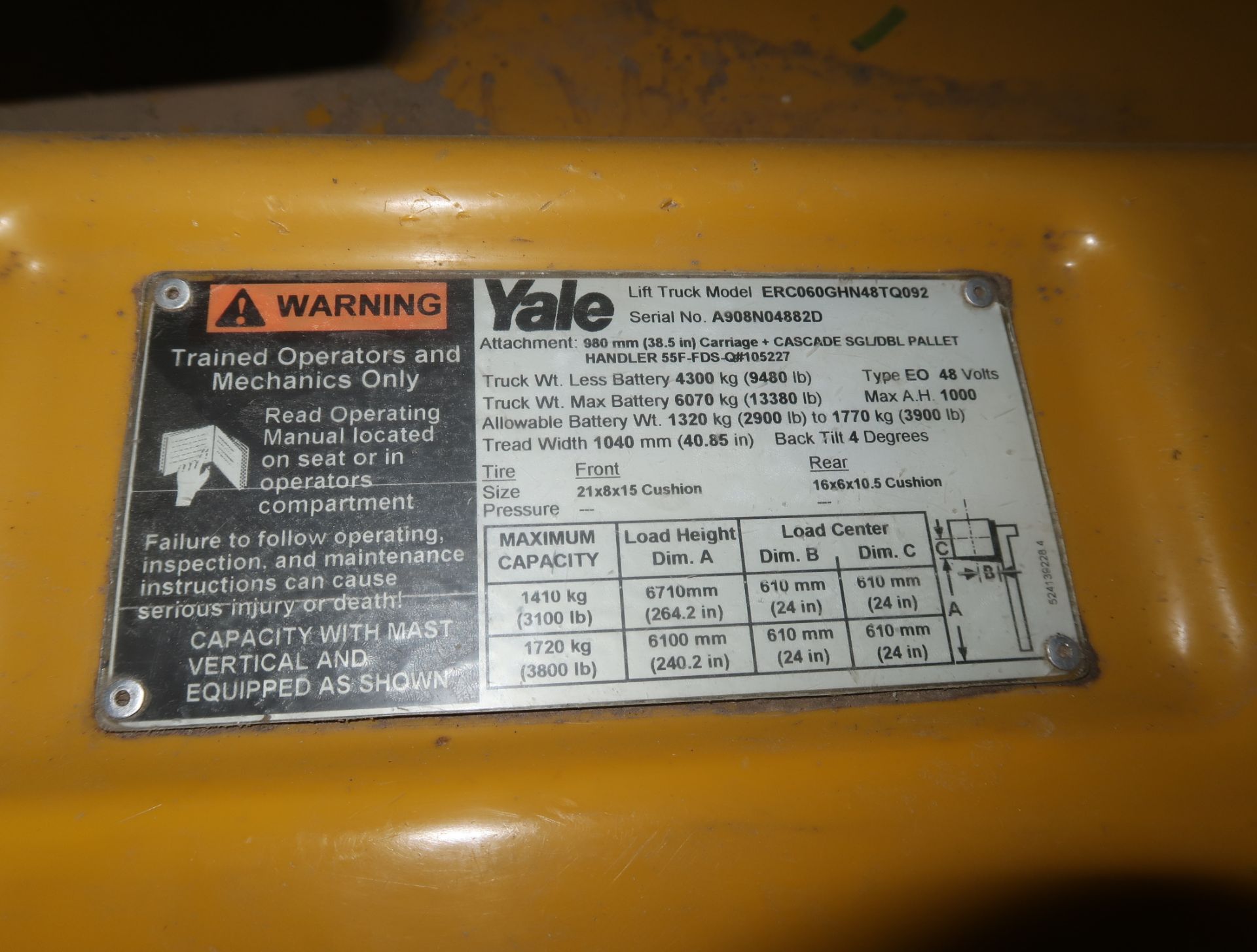 YALE 4000LB ELECTRIC FORKLIFT MDL. ERC0G0GHN48TQ092 NOT RUNNING - Image 2 of 4