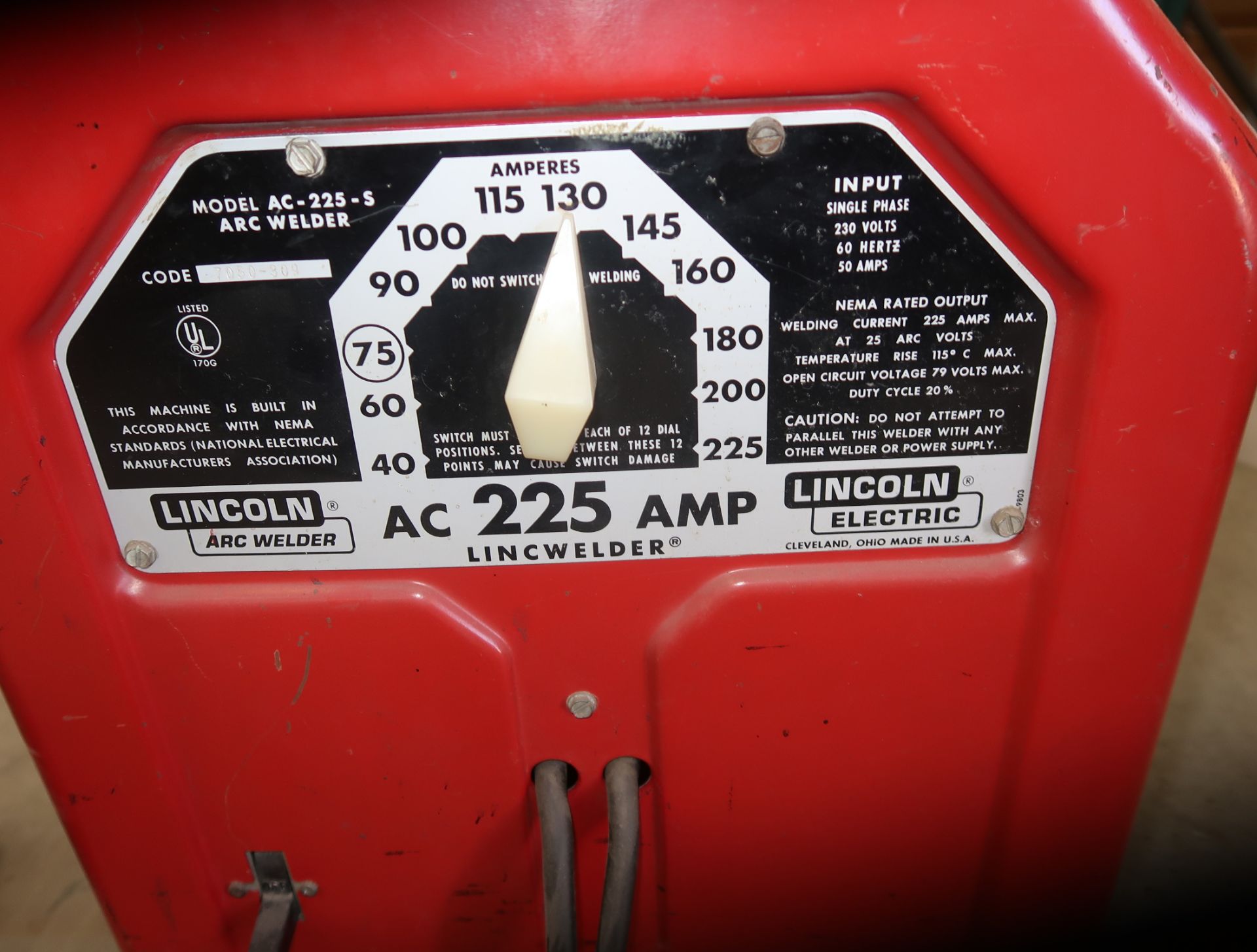 LINCOLN AC 225 AMP WELDER 220V 1PH - Image 2 of 2