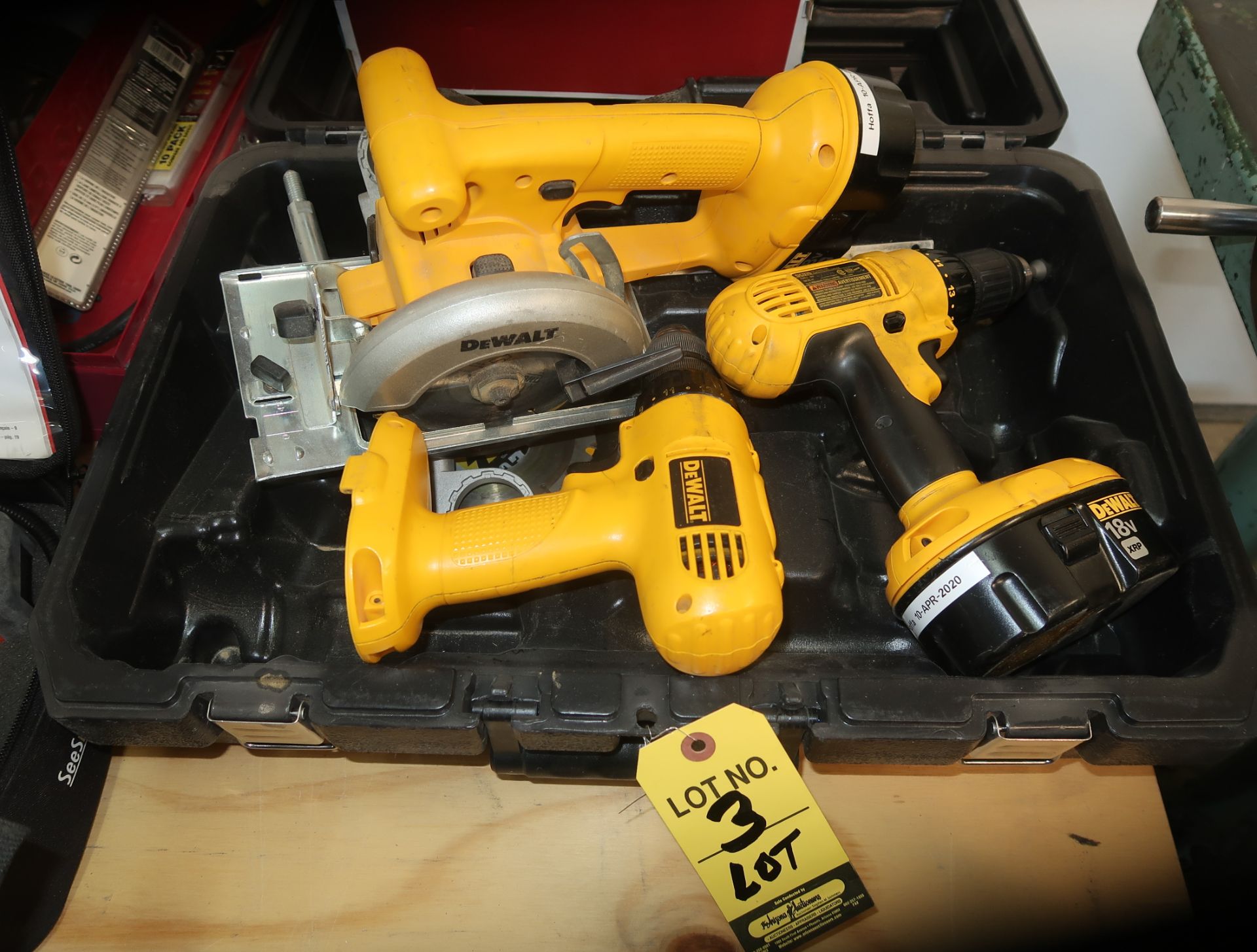 LOT DEWALT DW959 1/2" DRILL, DC970 DRIVER, DW936 CIRCULAR SAW W/4 BATTERIES, ALL 18V