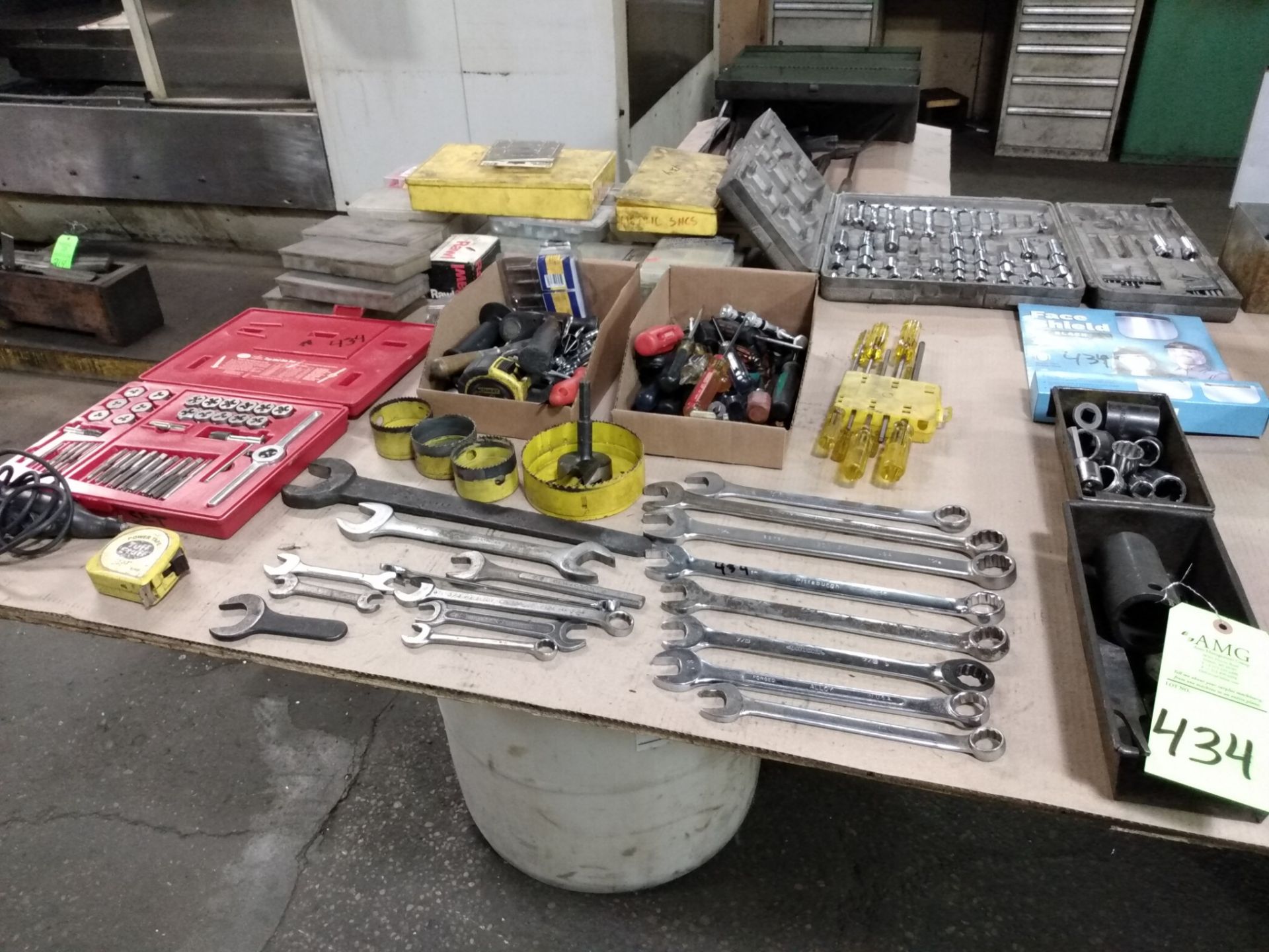 Lot consisting of Misc. Hand Tools, Bins of Nuts & Bolts, Snap Ring Sockets, Wrenches, Quick Set