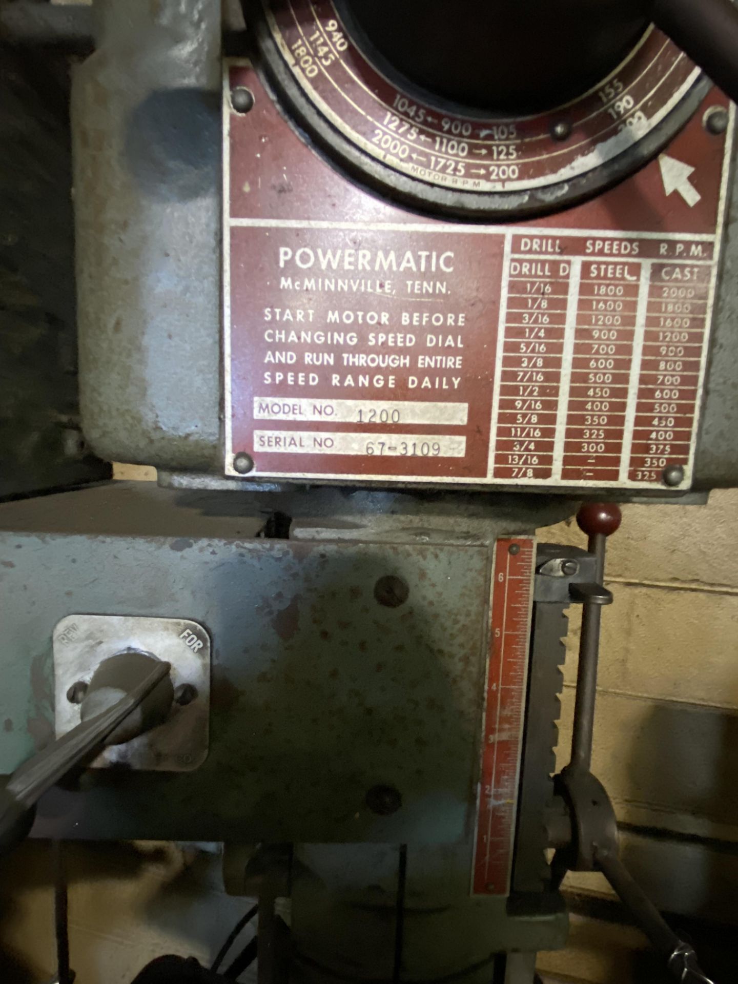 Powermatic Single Spindle Drill Press Model 1200, s/n:673109, 18"x 16" Adj. Table, Variable Speed - Image 2 of 3