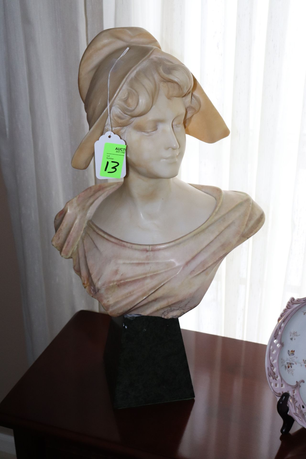 Italian marble bust of lady raised on green marble plinth, approximate height 24"