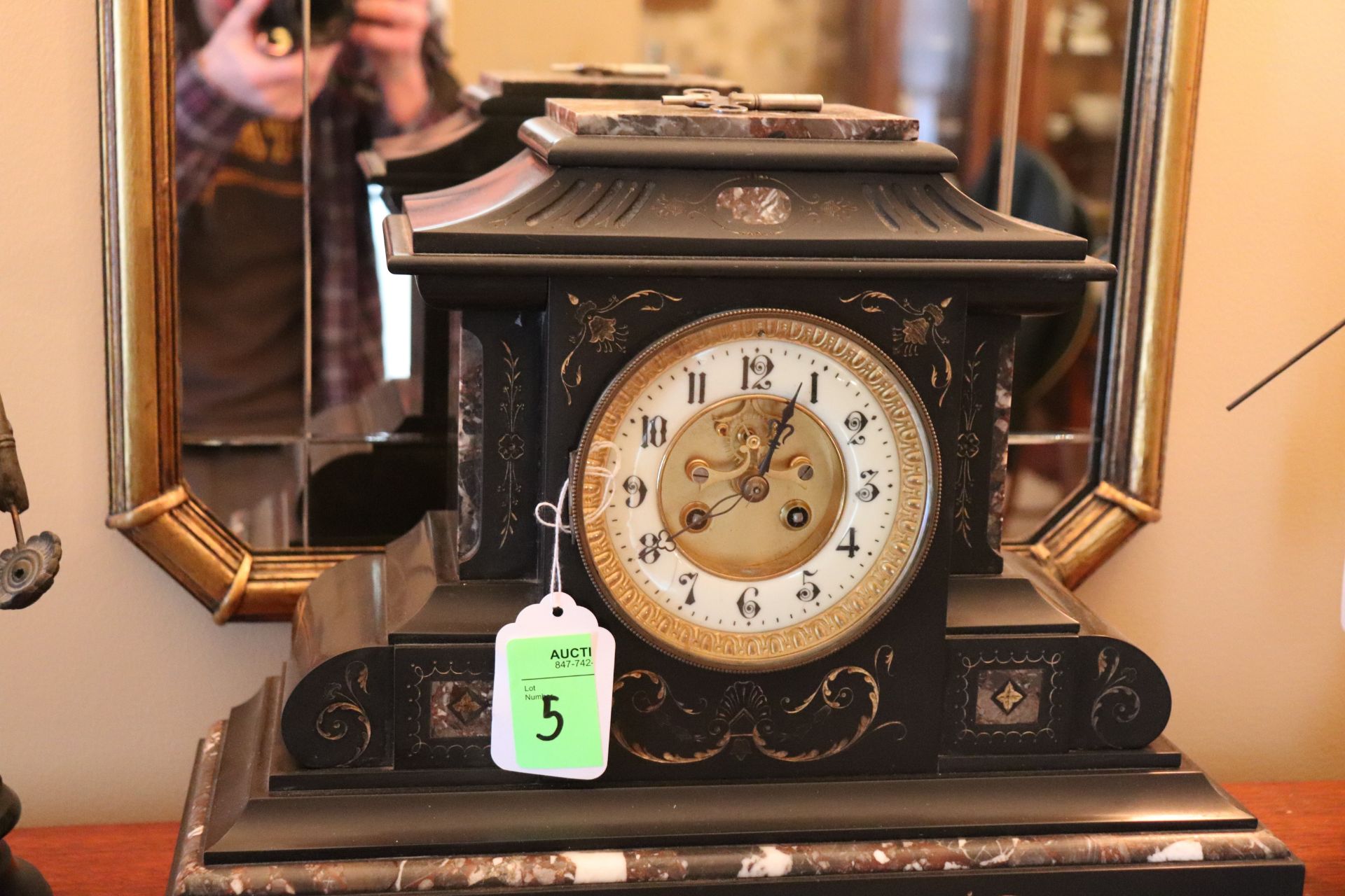 French style black slate marble clock with key, approximate height 13-1/2"