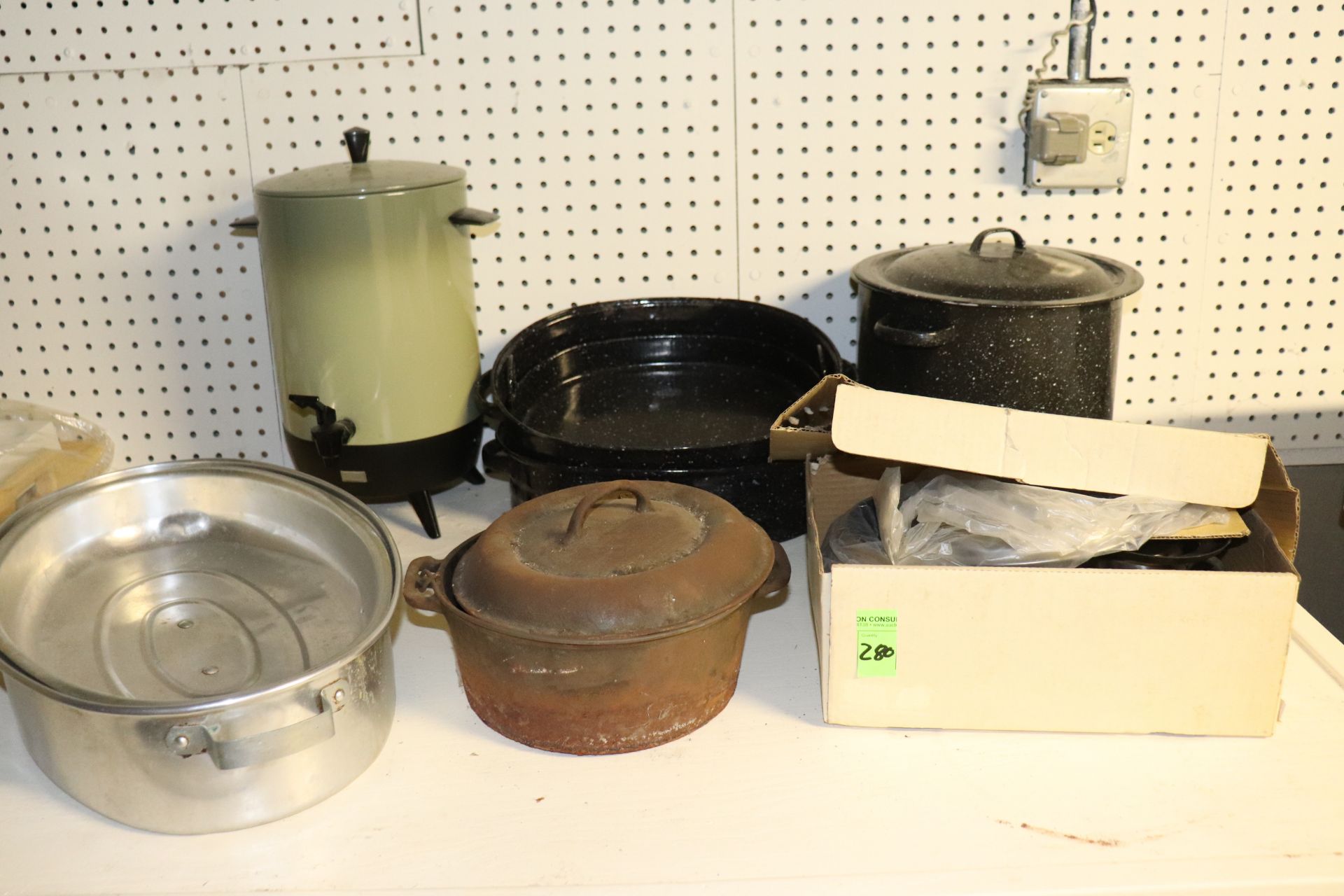 Group of cookware, fondue pot, and hot water dispenser