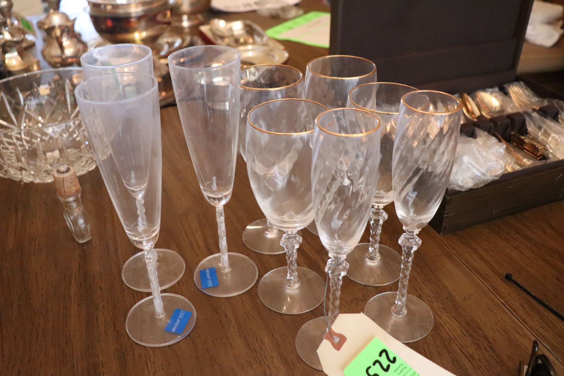 Group comprising 9 champagne and wine glasses, 6 by Lenox and 3 by Oneida