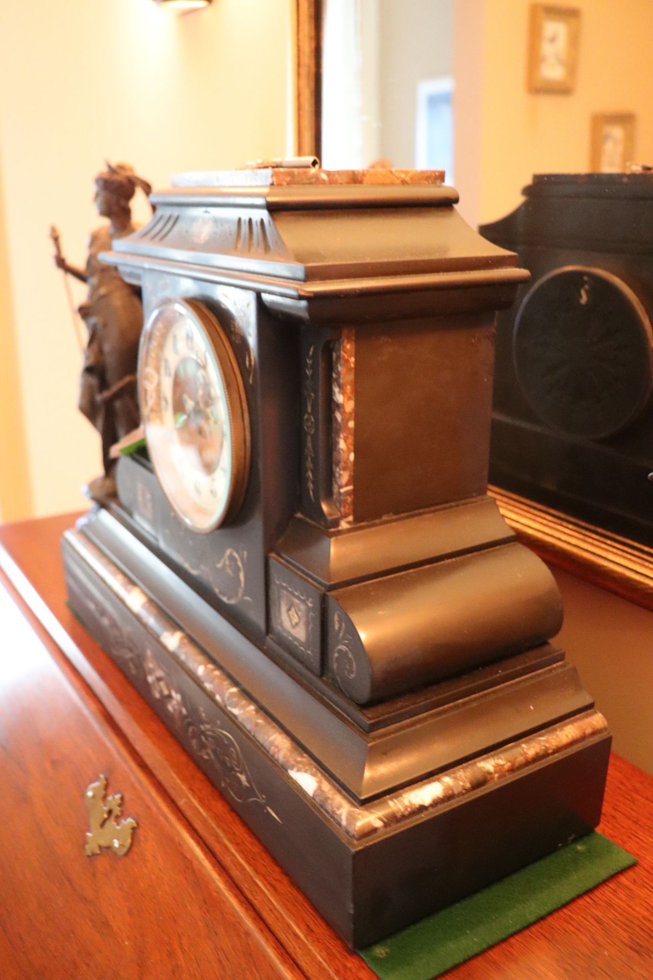French style black slate marble clock with key, approximate height 13-1/2" - Image 3 of 4