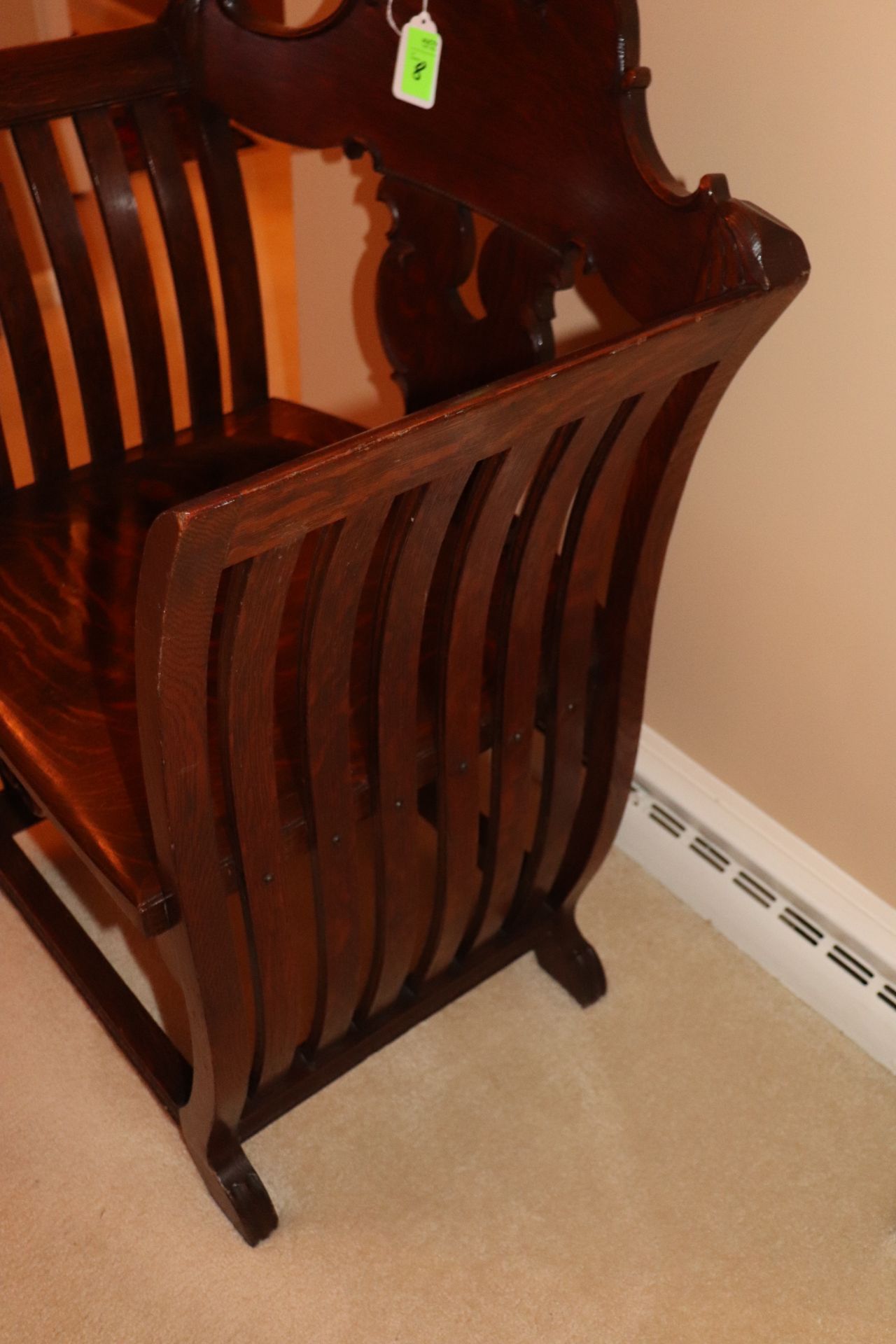Victorian oak armchair with curved back, flat sides, and carved scrolled leaf decoration, approximat - Image 3 of 3
