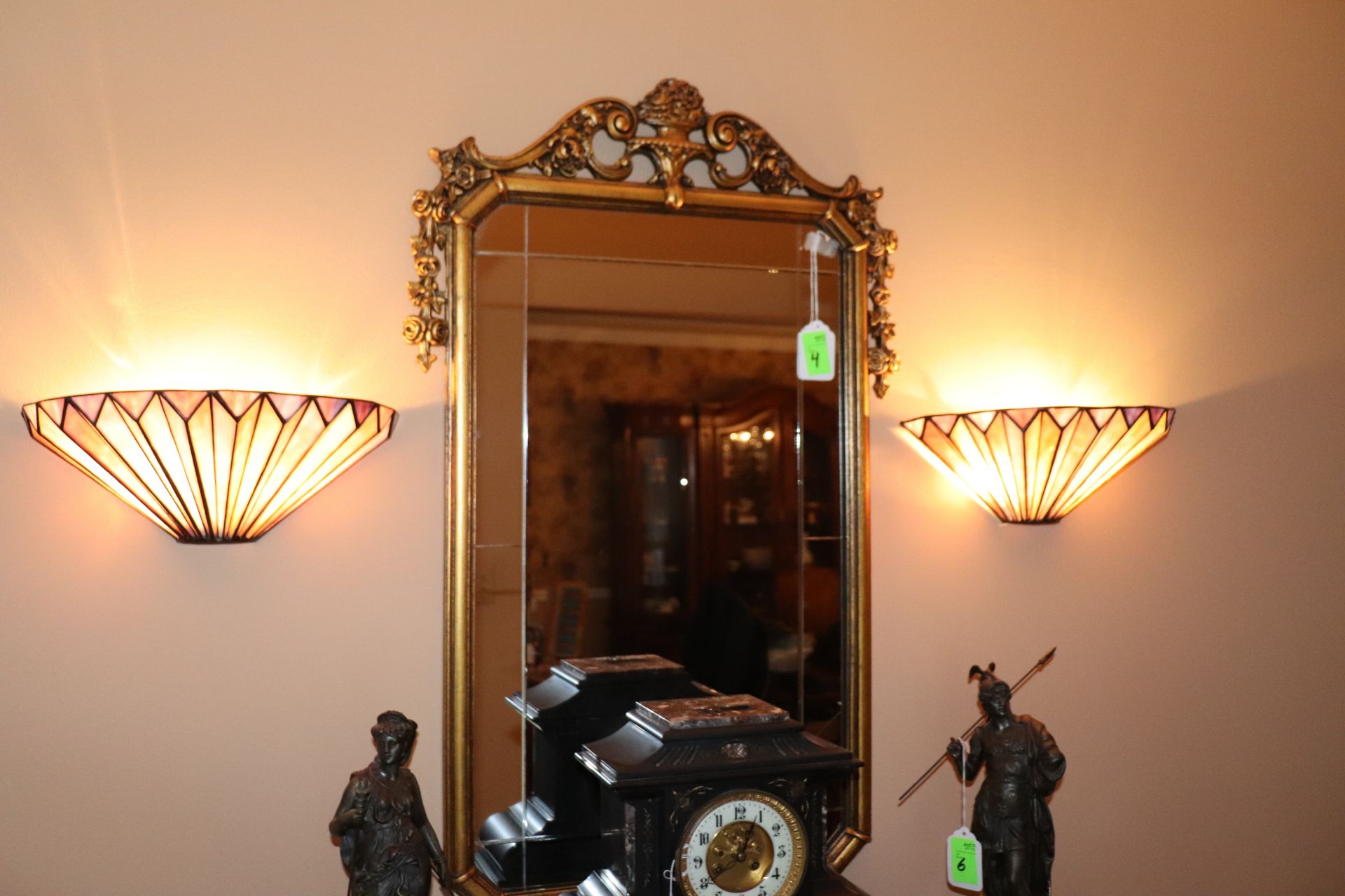 French style gilt composition wall mirror, approximate size 36" x 24", and two wall sconces