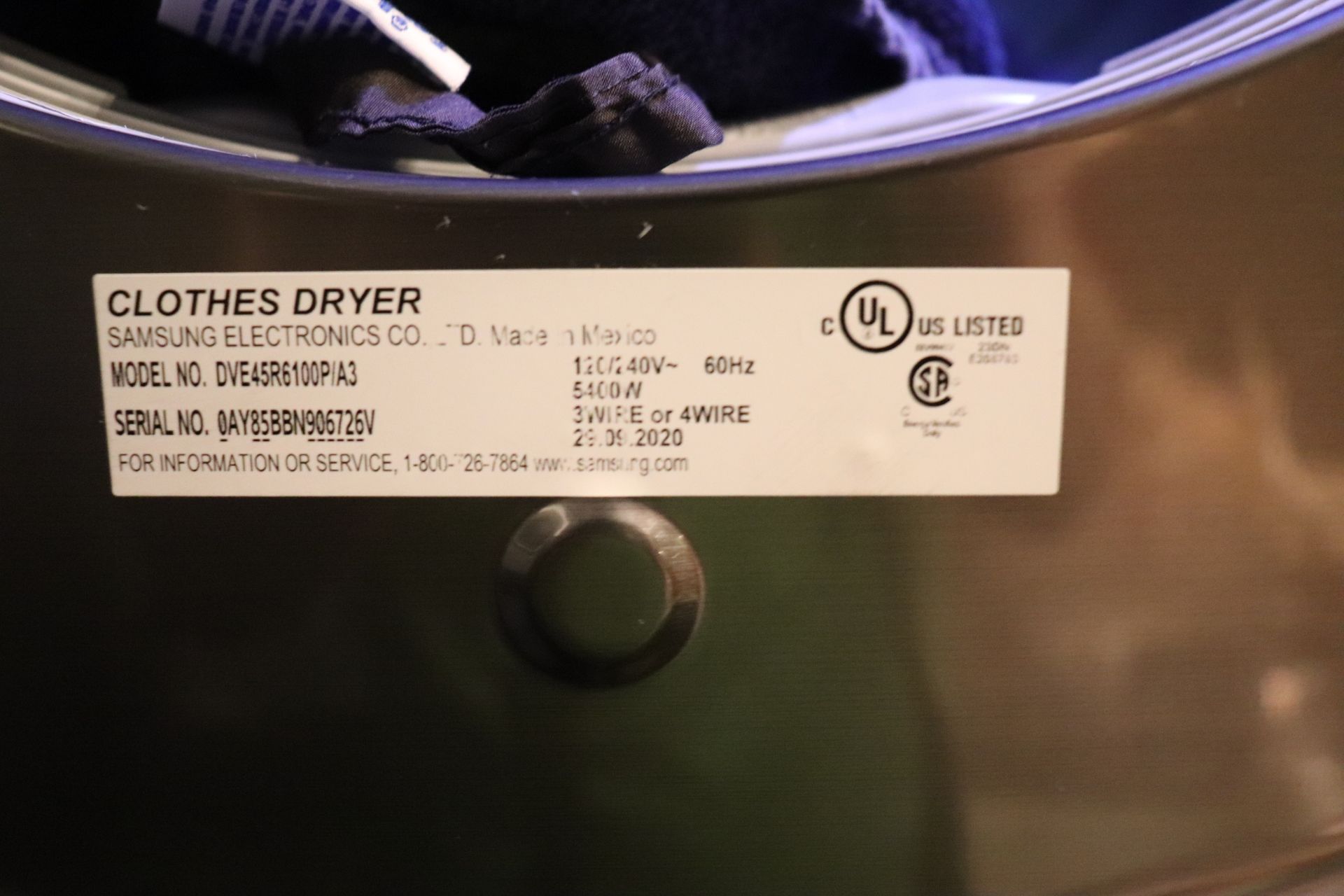 Samsung washer and drying combo. Dryer model: DVE45R6100P/A3 Serial: 0AY85BBN906726V. Washer model: - Image 3 of 6