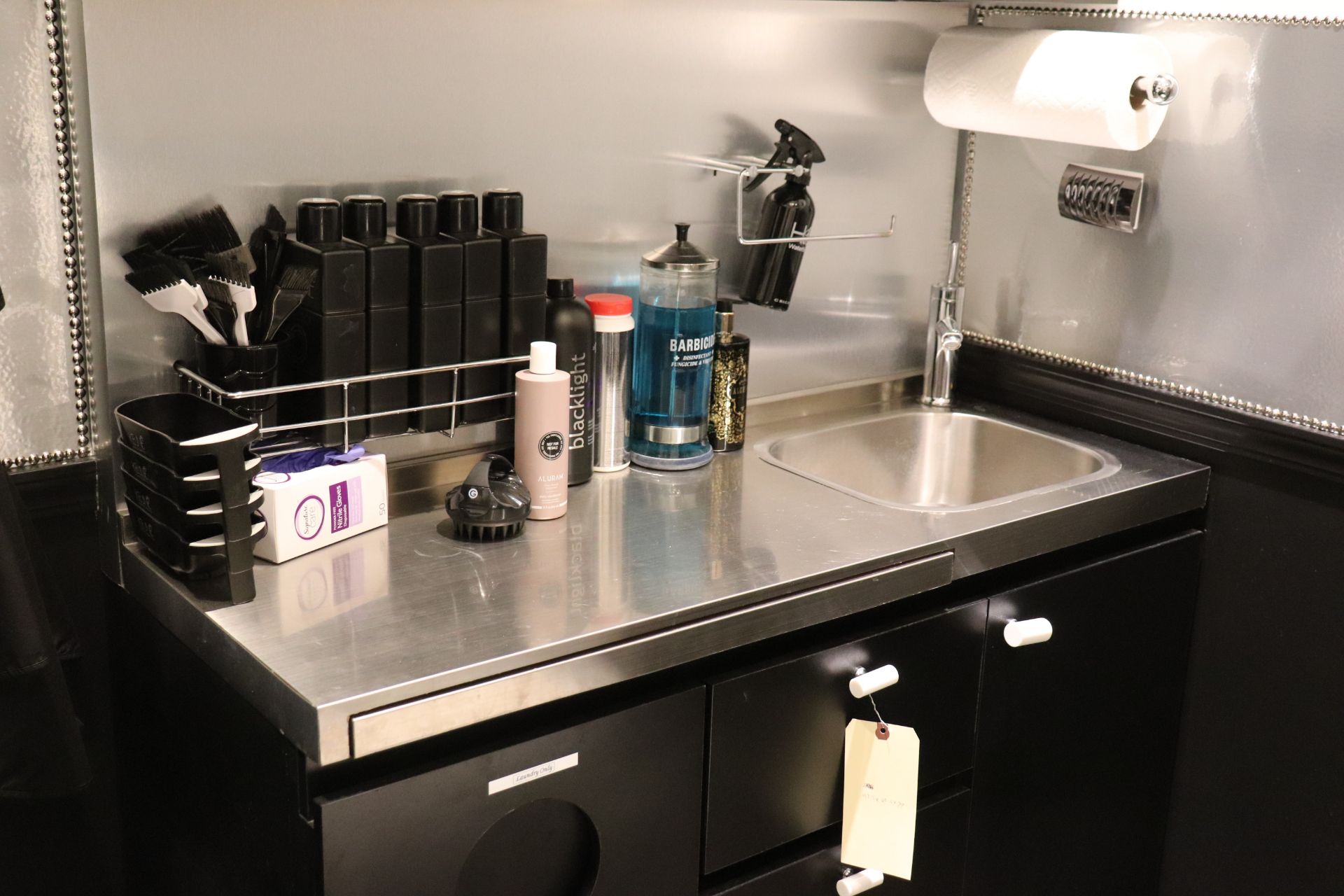 Hair Color Station with stainless steel sink, with faucet, backsplash and cabinet - Image 2 of 3