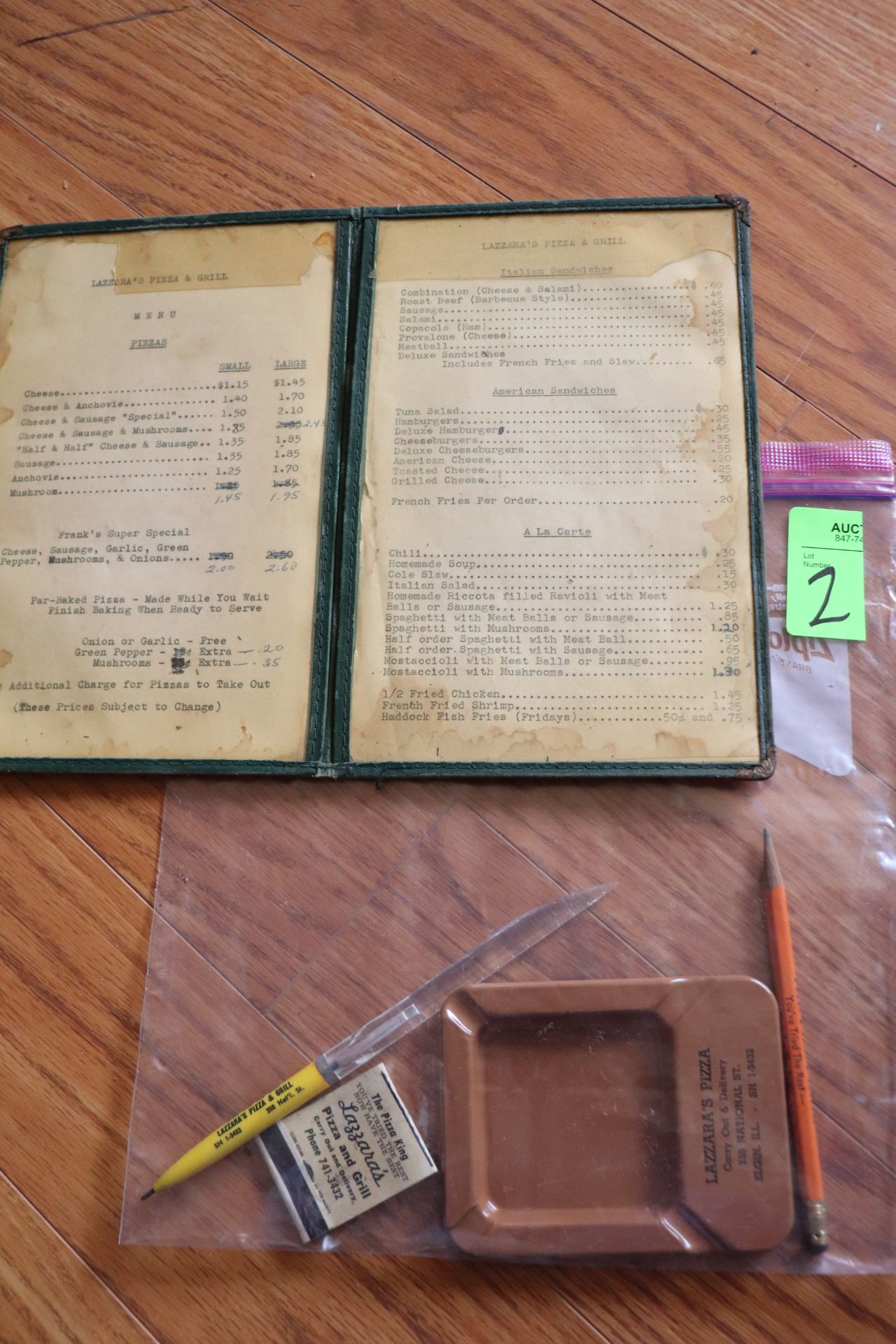 Lazzara's menu, ashtray, matchbook, pen and pencil