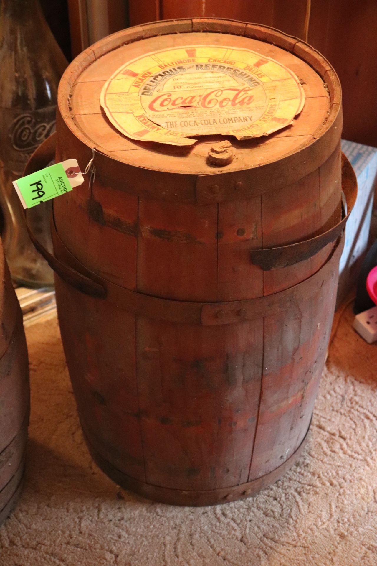 20th Century Coca Cola wooden syrup barrel keg with iron bands, iron bands show rust and usual wear