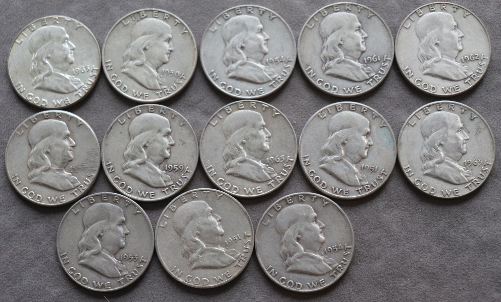 13 Franklin half dollar coins 1950-1963