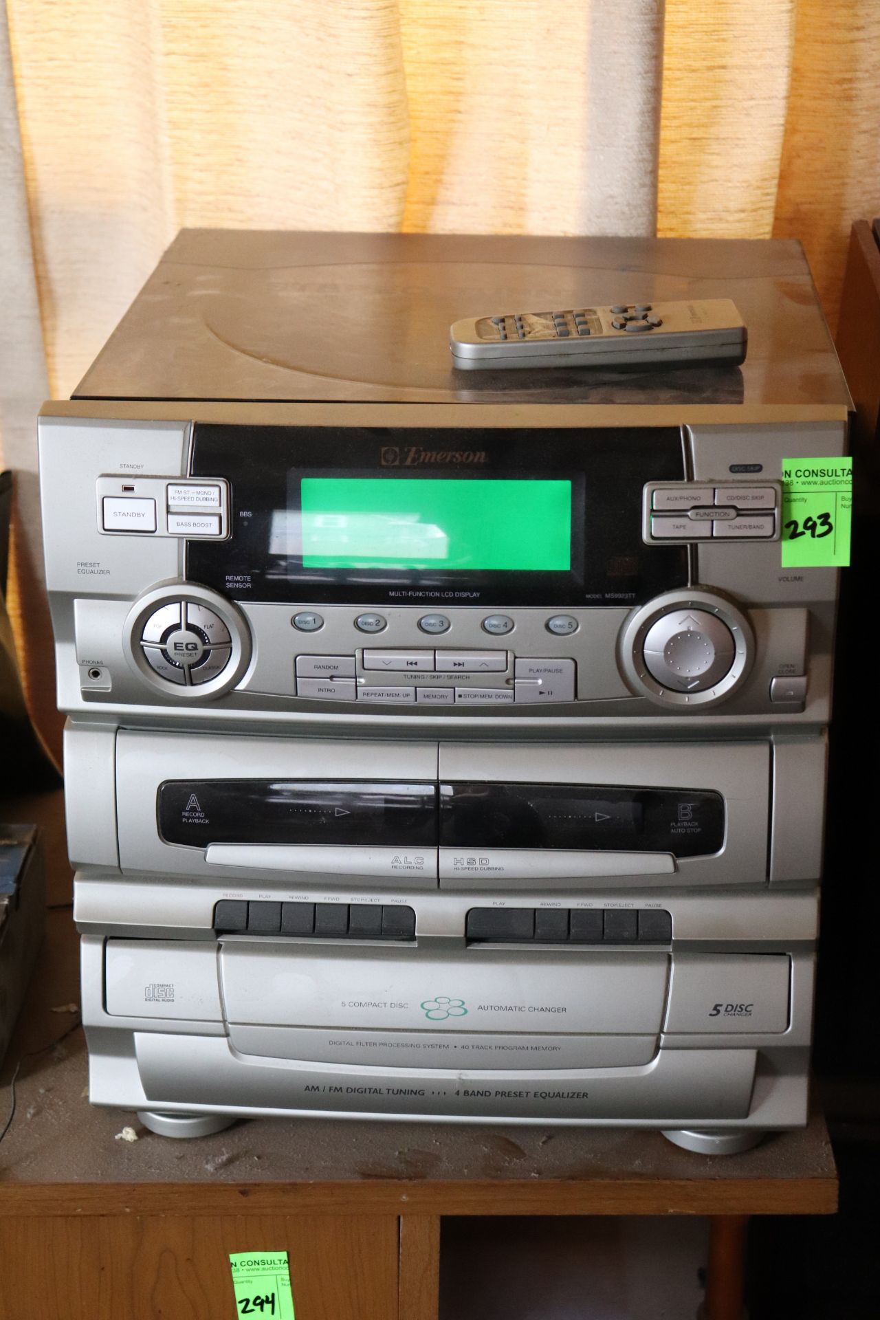 Emerson turntable receiver, pre-set equalizer, compact disc player, tape player with four speakers