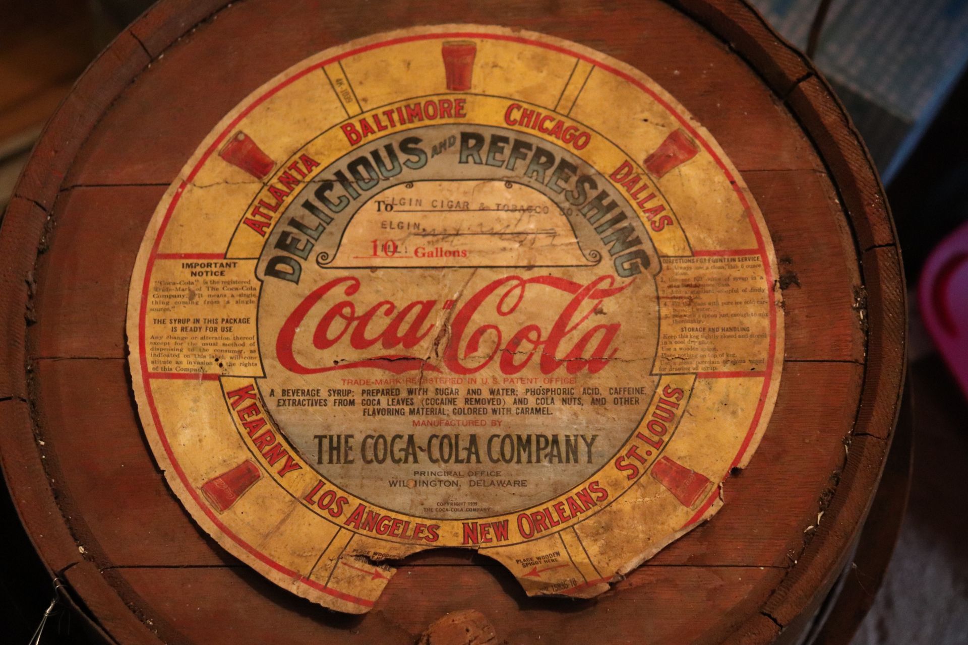 20th Century Coca Cola wooden syrup barrel keg with iron bands, iron bands show rust and usual wear - Image 2 of 2