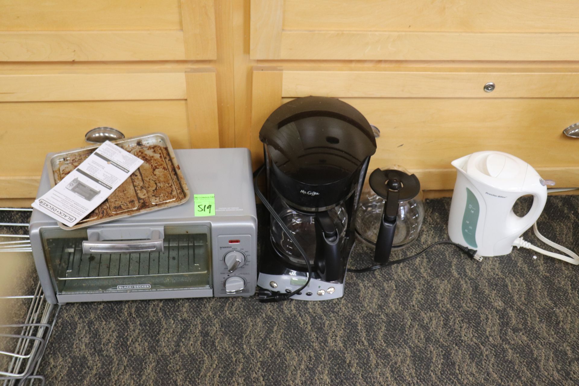 Black & Decker toaster oven and Mr. Coffee coffee machine and Procter Silex electric kettle