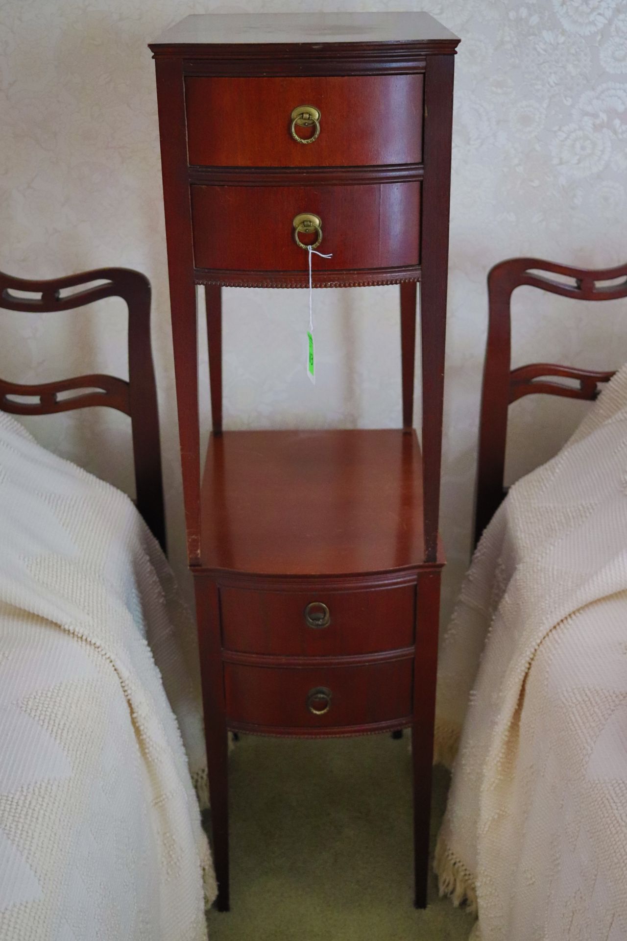 Two Victorian style mahogany side tables fitted with two drawers with brass pulls, 13-1/2" x 19" x 2