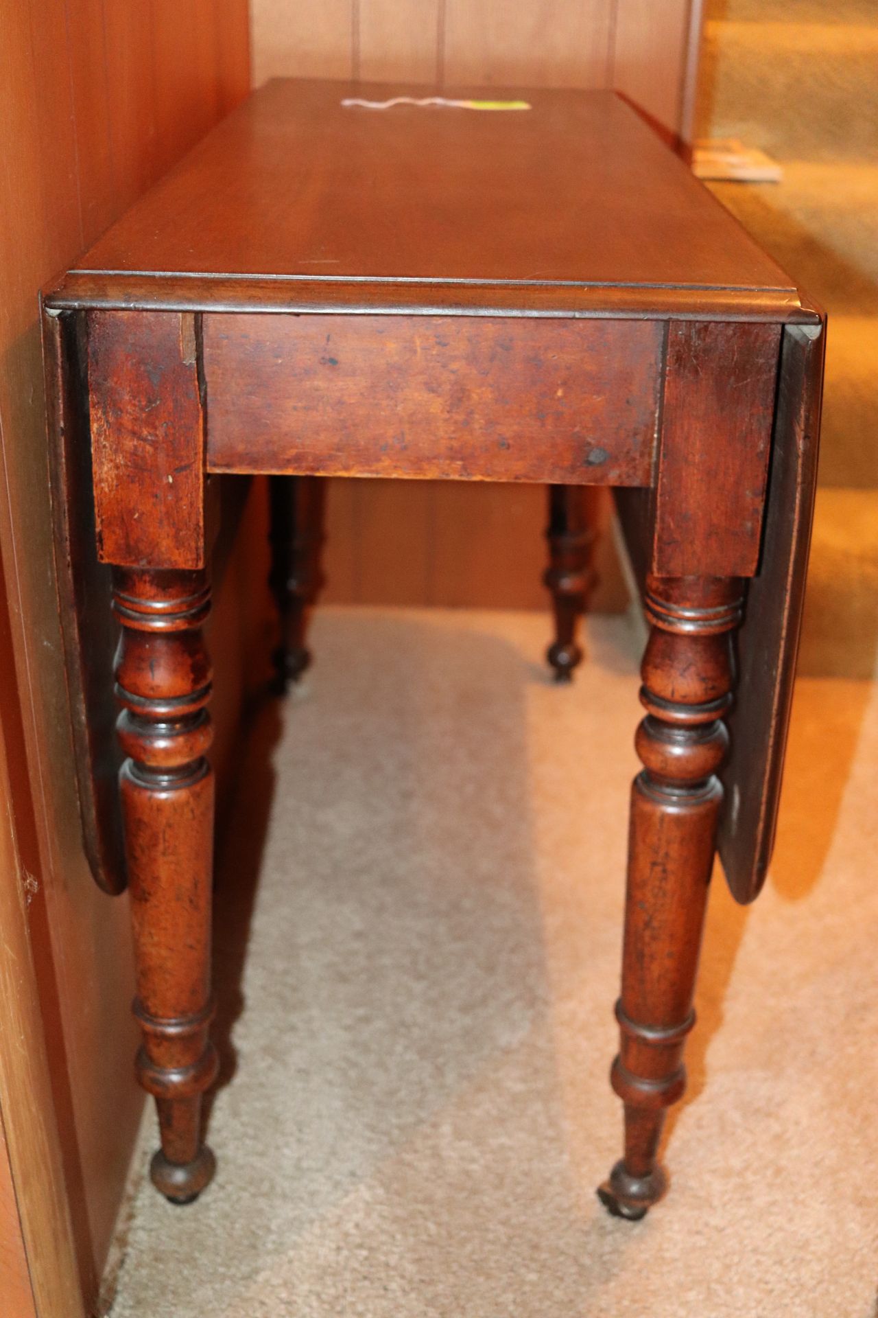 Victorian walnut drop leaf table, rectangular top fitted with two drop leaves raised on four legs, a - Image 2 of 2