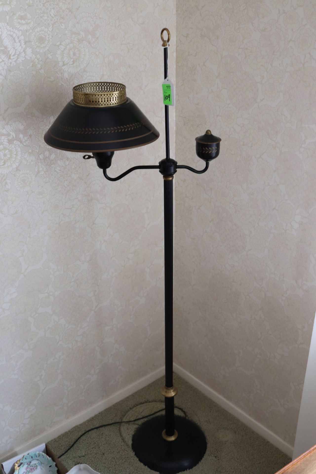 English style black and gilt finish floor lamp, approximate height 55"
