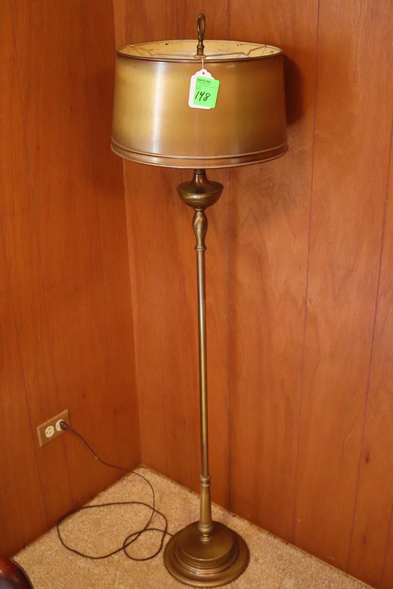 Brass finish floor lamp fitted with brass shade, approximate height 55"