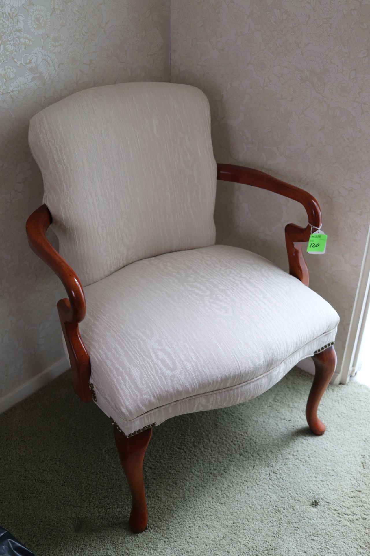 Queen Anne style walnut framed white upholstered armchair