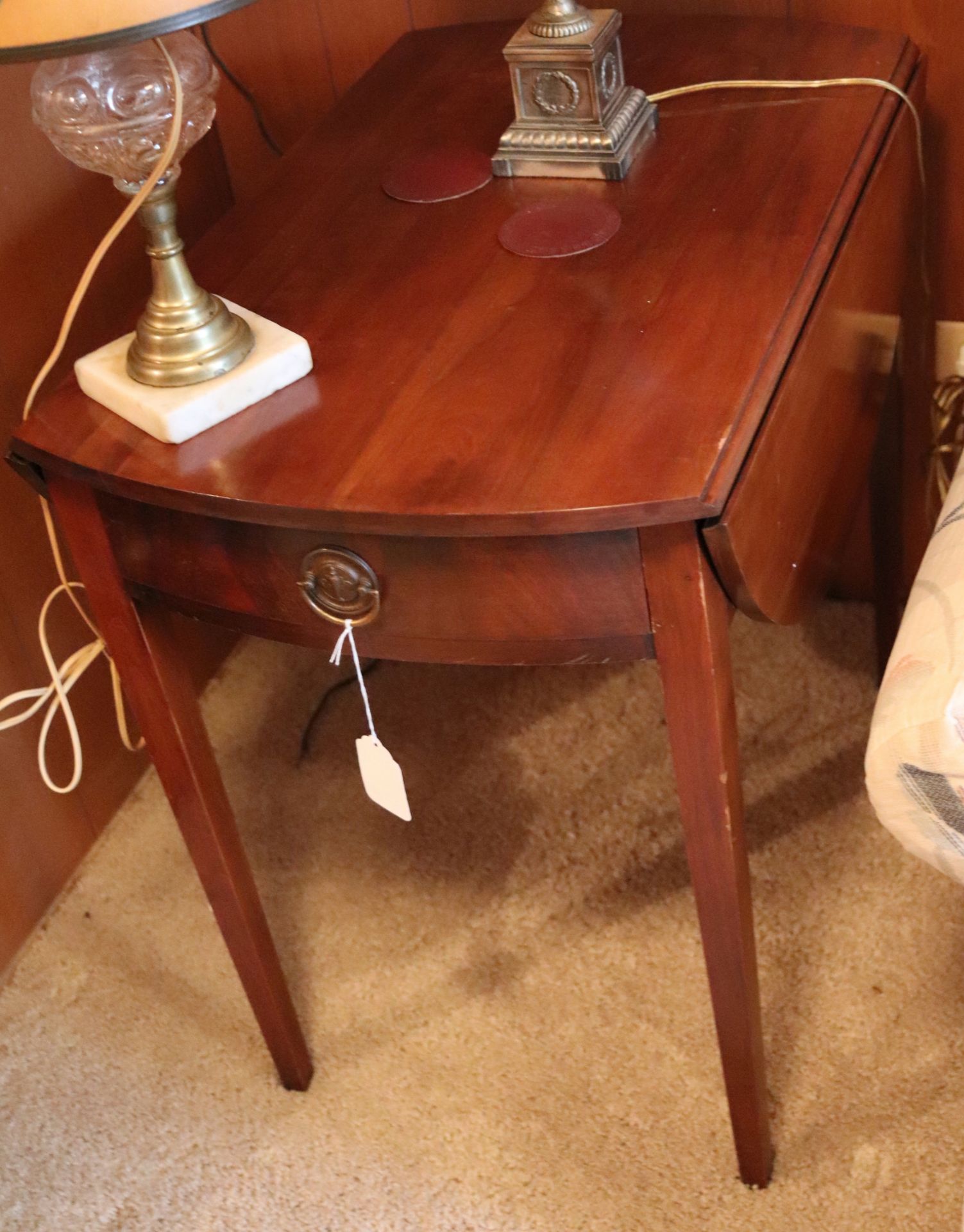 Mahogany side table fitted with two drop leaves and one drawer, 19" x 31" x 27-1/2"