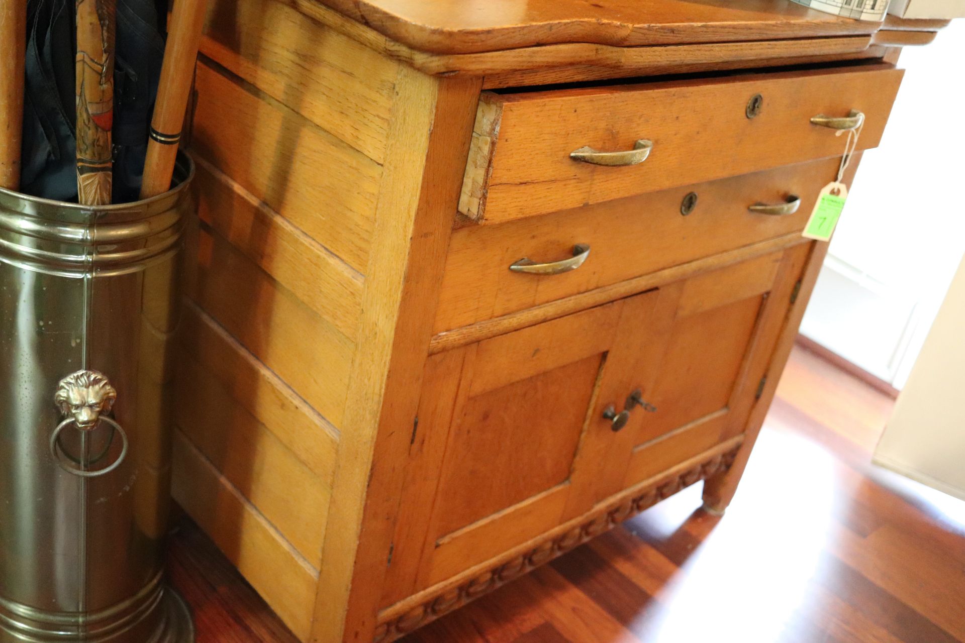 Victorian oak washstand, rectangular top over two drawers over two doors with brass pulls, approxima - Image 3 of 3