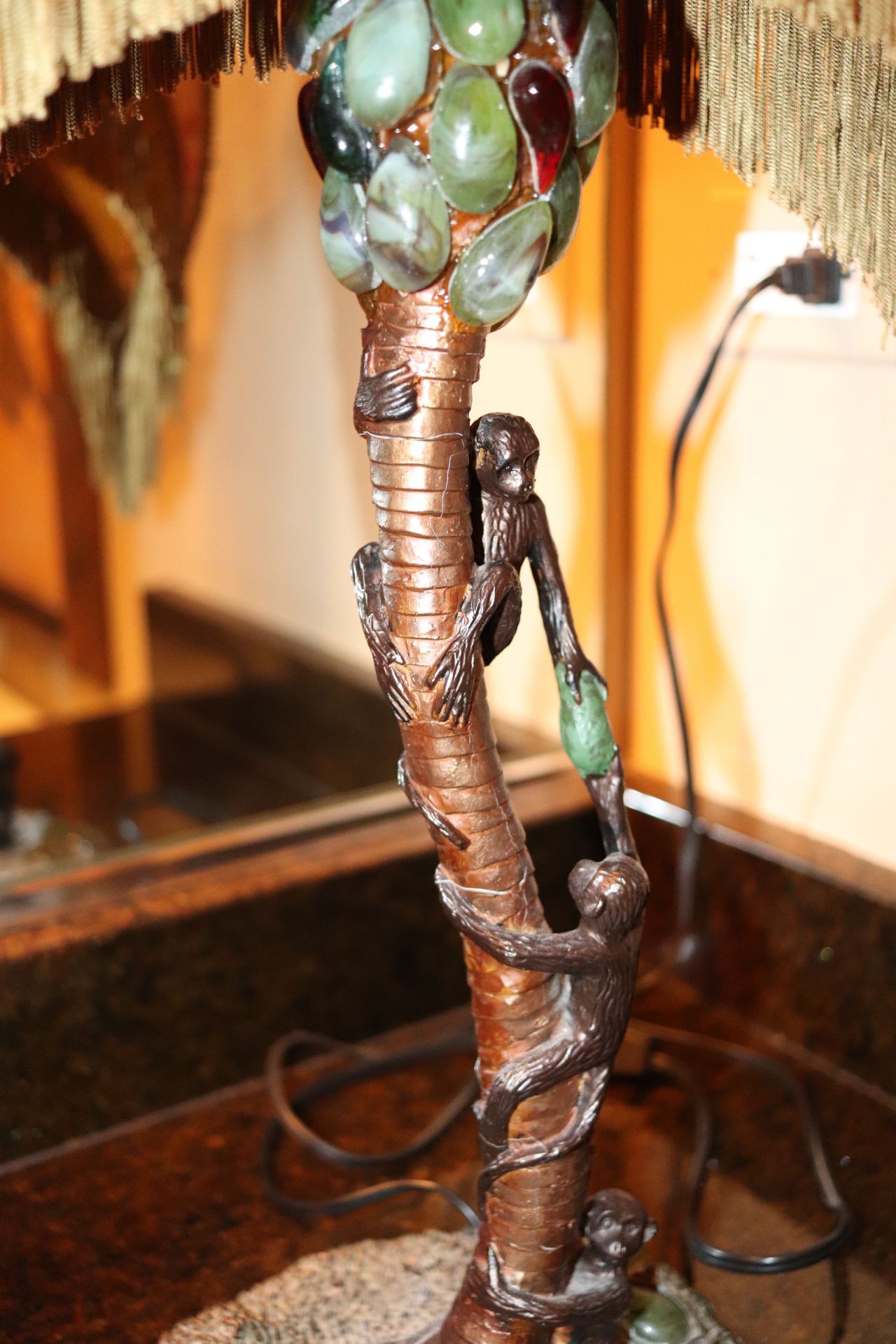 Painted metal table lamp, monkey in tree design, fitted with brown shade, approximate height 28" - Image 3 of 4