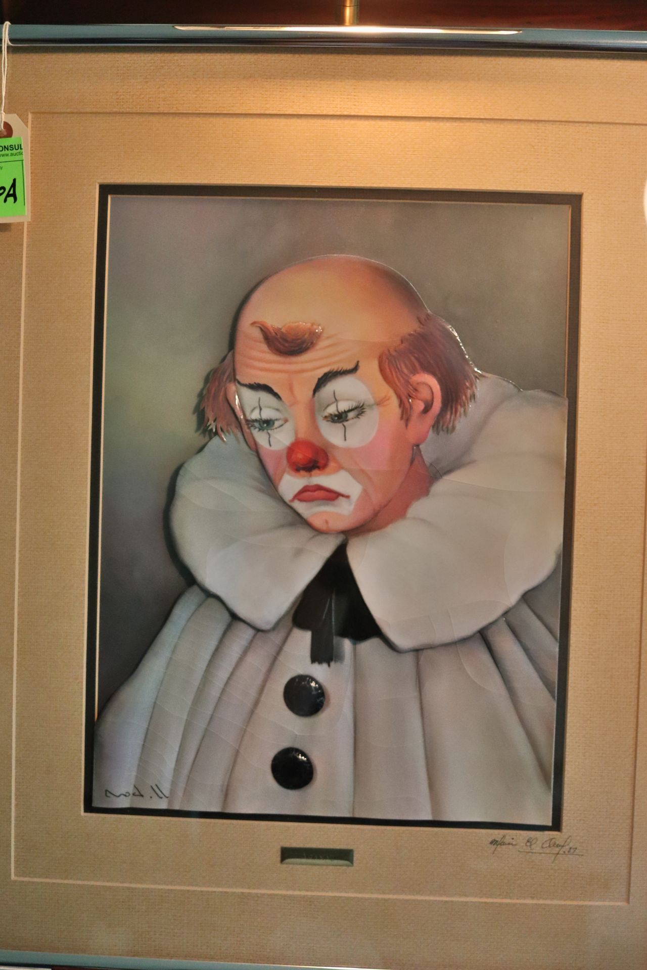 Framed mixed media art piece depicting a clown, unknown artist, dated '87, approximate size 16" x 12