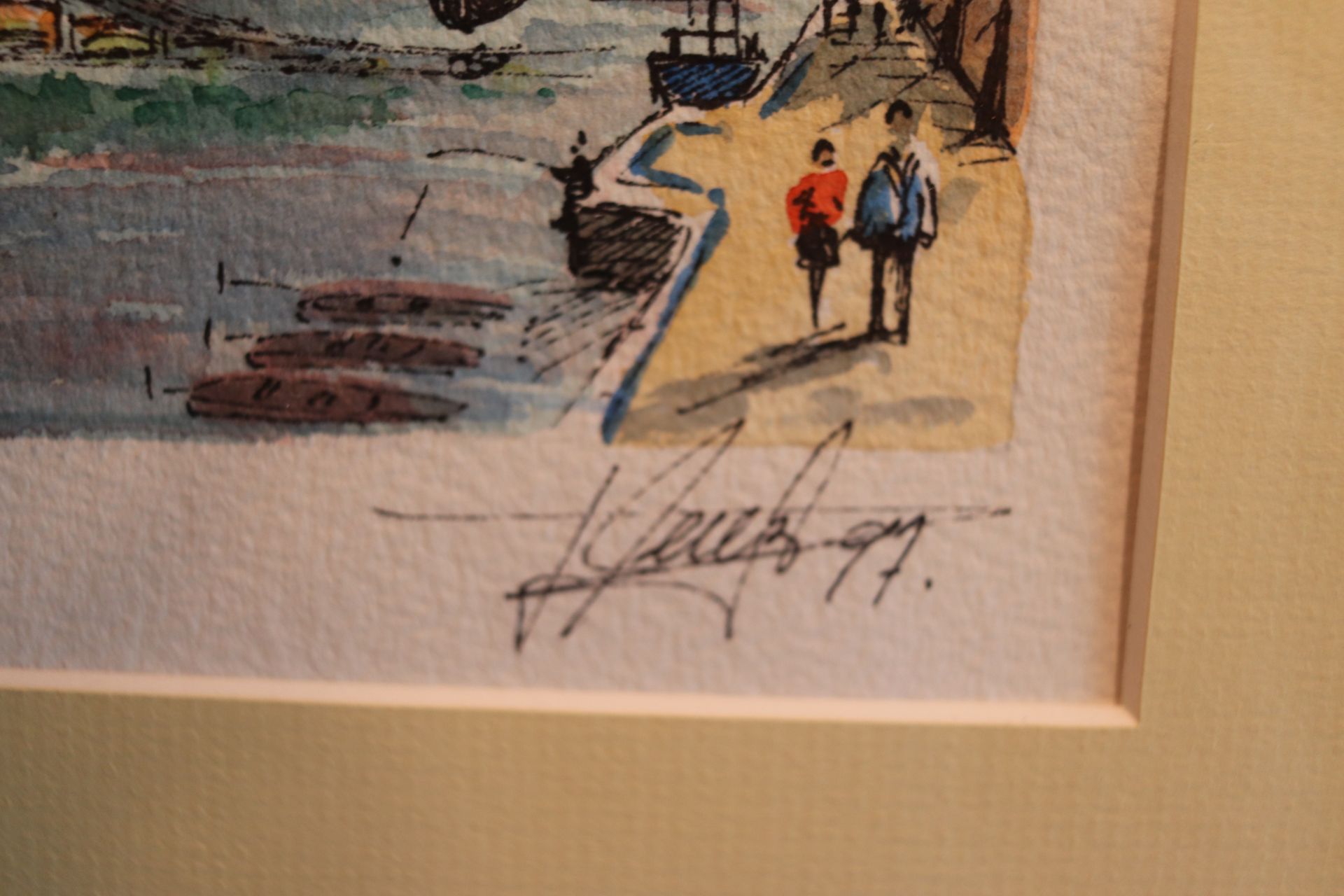 Framed artwork depicting Paris canal, watercolor on paper, signed and dated by artist, unknown artis - Image 3 of 3