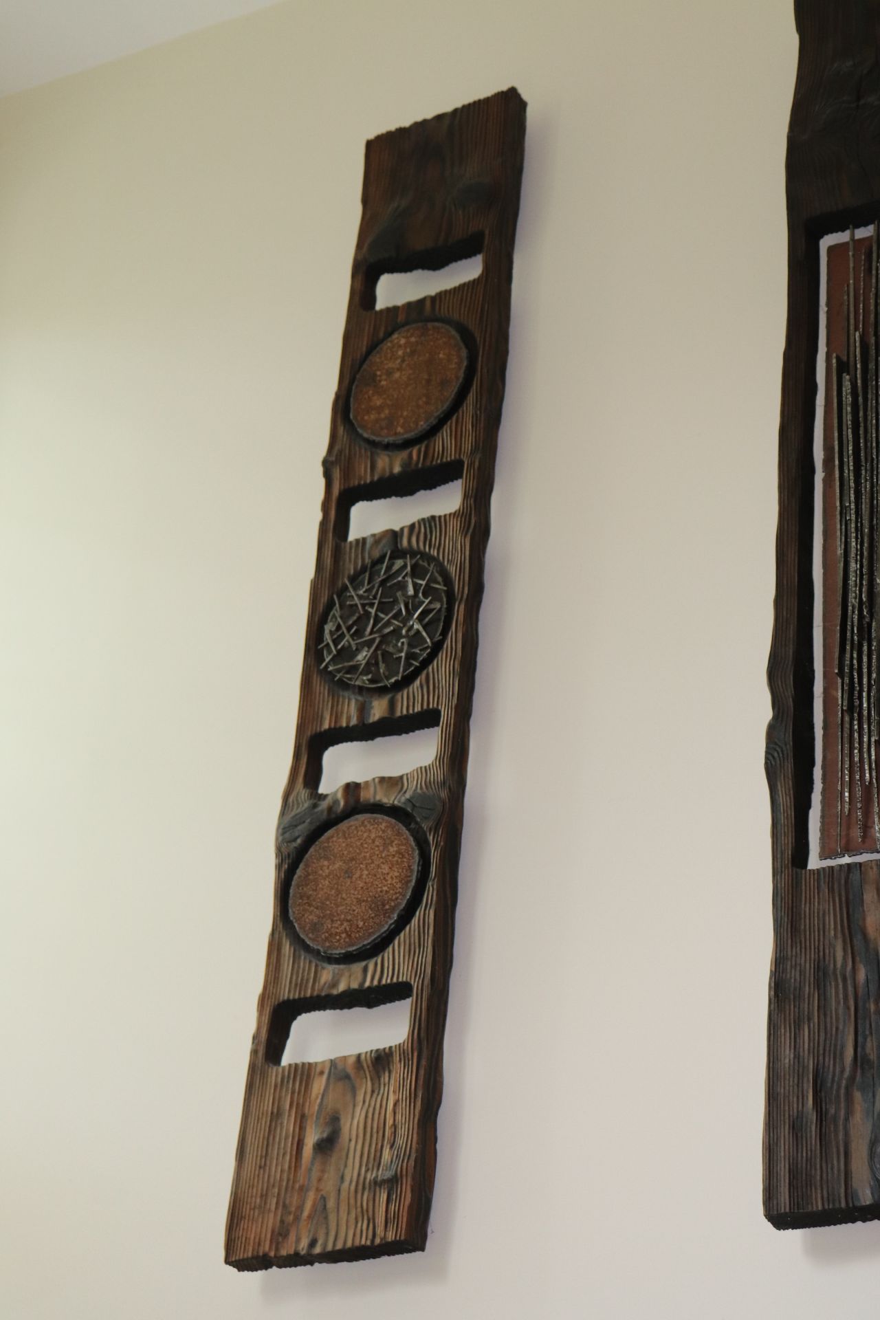 Three carved wood panel sculptures each having metal rod decoration, approximate height 67", width 1 - Image 5 of 8