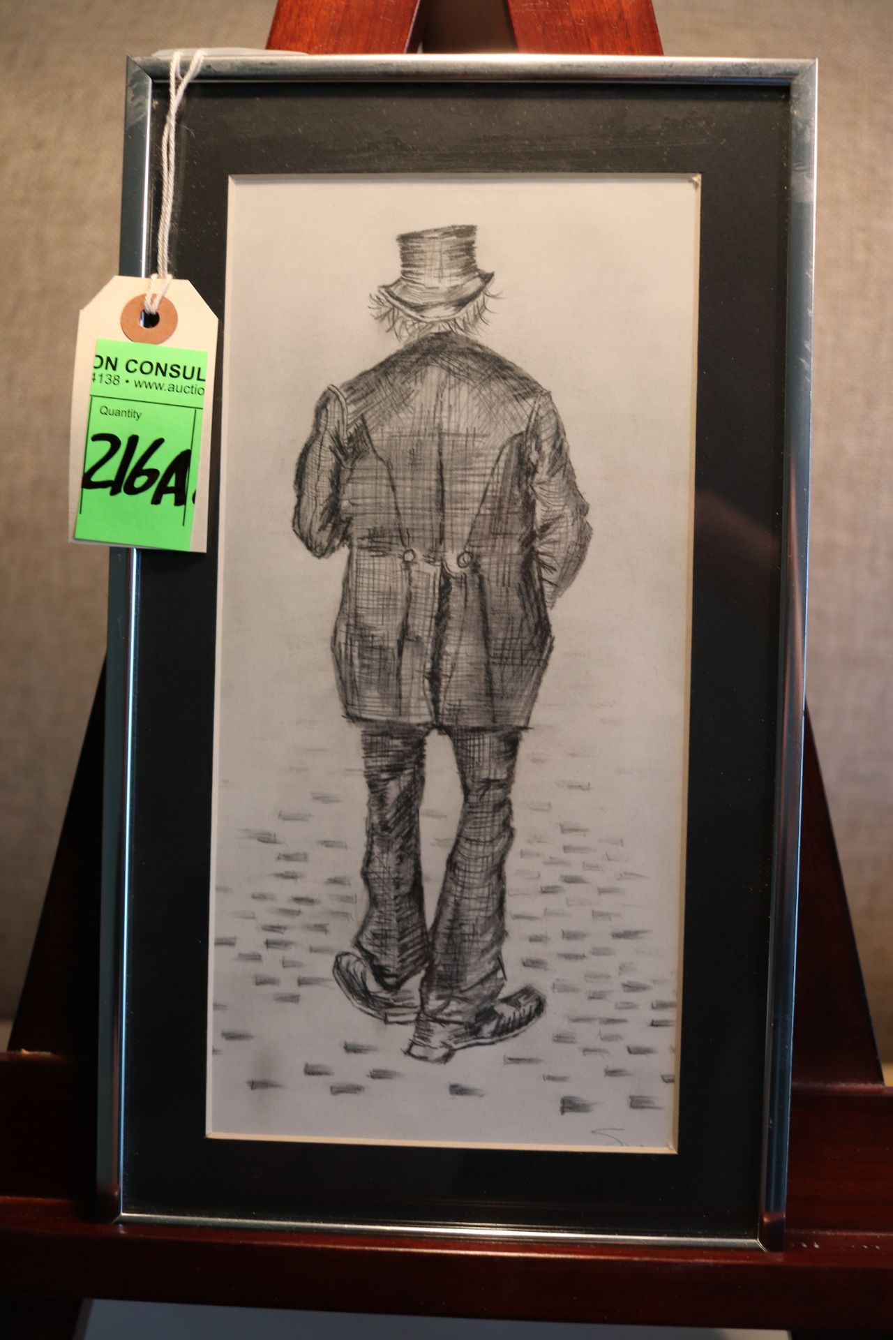 Framed artwork, original sketch depicting back of a man, signed by the artist Sue Morys, approximate