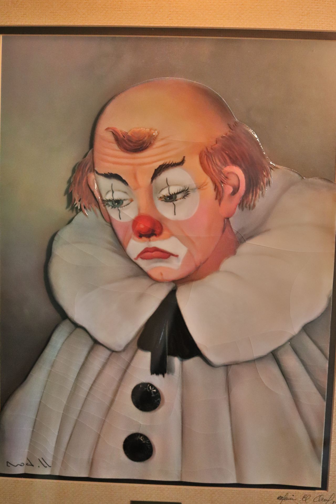Framed mixed media art piece depicting a clown, unknown artist, dated '87, approximate size 16" x 12 - Image 2 of 6
