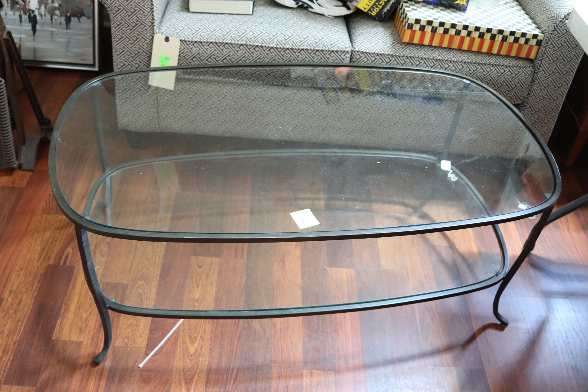 Contemporary glass top coffee table, rectangular glass top over lower glass shelf raised on four leg - Image 3 of 4