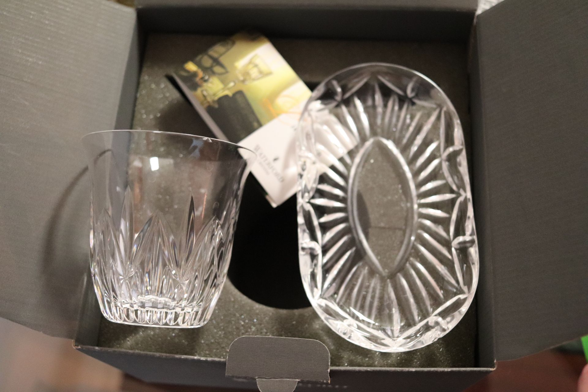 Waterford soap dish and tumbler in box and a Waterford bud vase, approximate height 5"