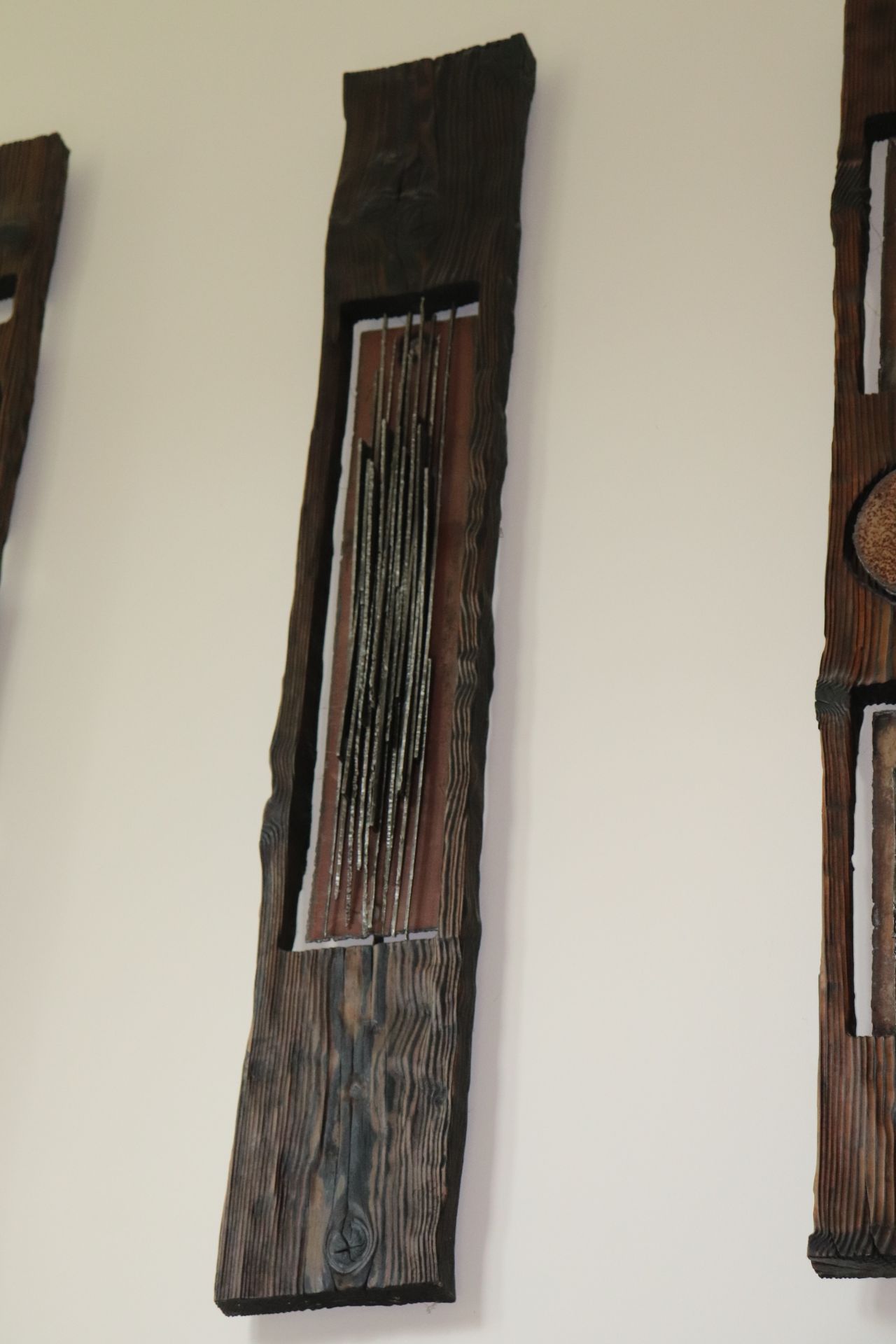 Three carved wood panel sculptures each having metal rod decoration, approximate height 67", width 1 - Image 4 of 8