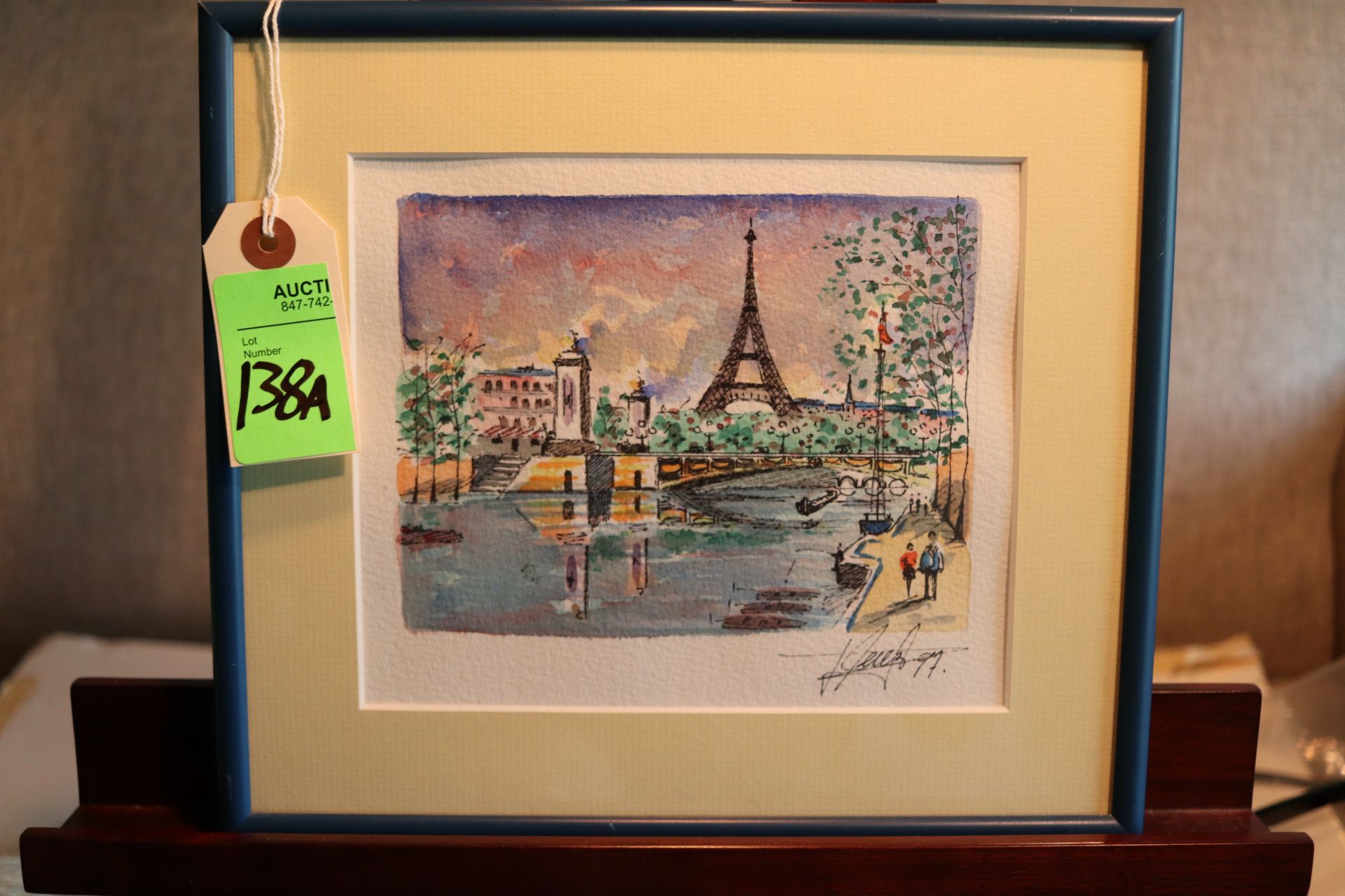 Framed artwork depicting Paris canal, watercolor on paper, signed and dated by artist, unknown artis