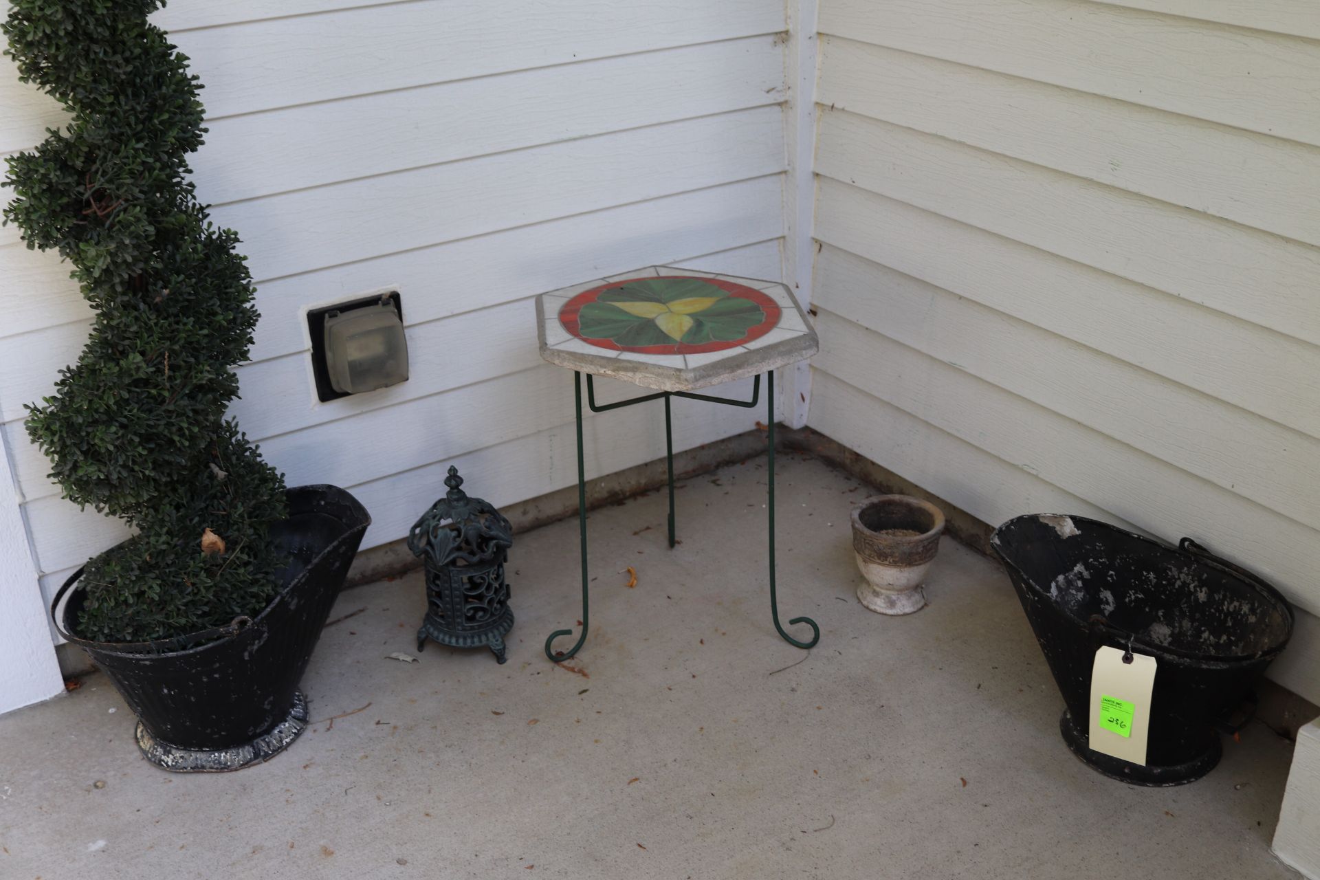 Two outdoor planters and side table
