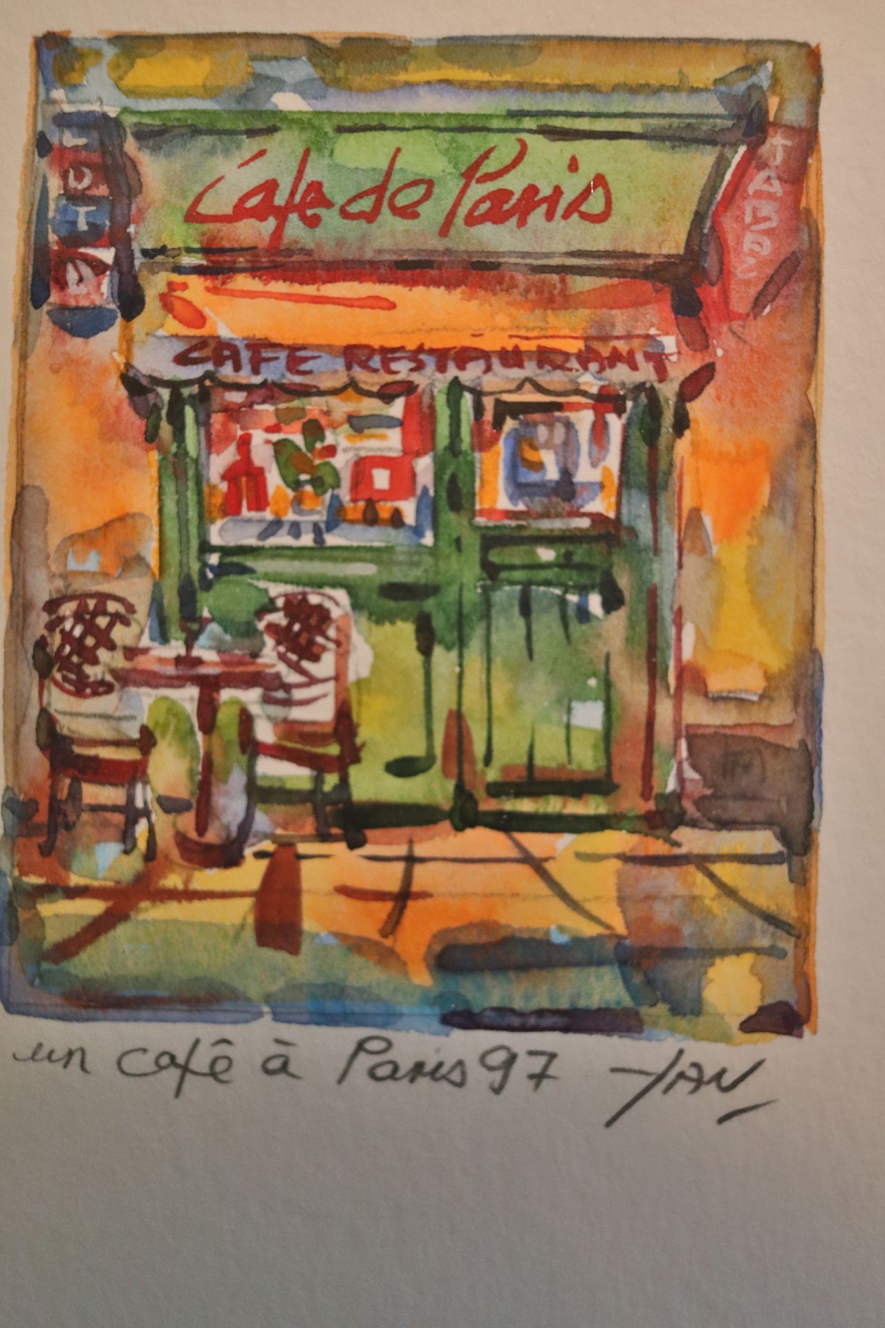 Framed artwork, "UN Café a Paris", '97, unknown artist, watercolor, approximate frame size 8" x 6-1/ - Image 2 of 3