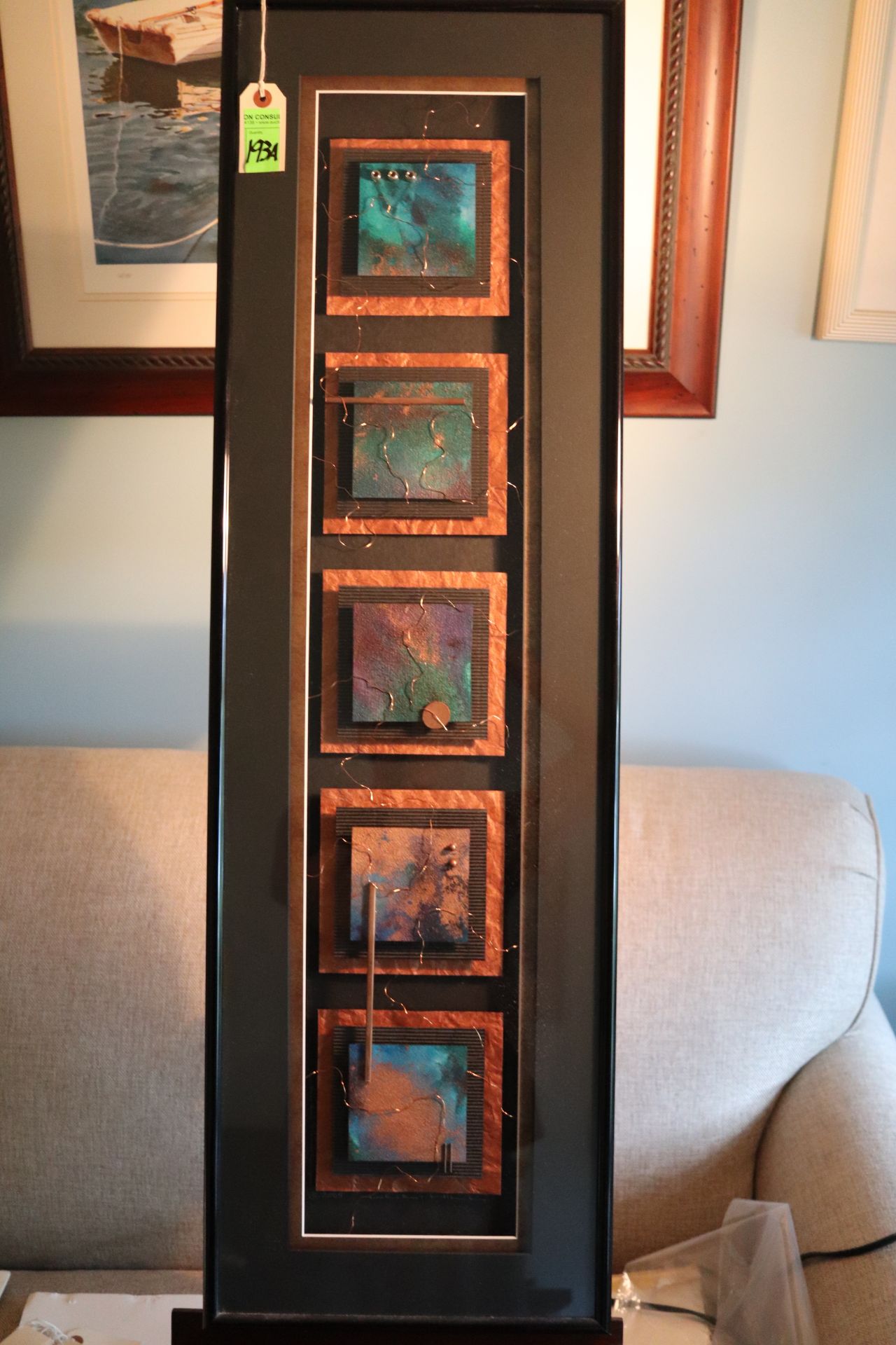 Framed artwork, mixed media, composed of metal, foil, copper wire and beads, "Precious Jewels with C