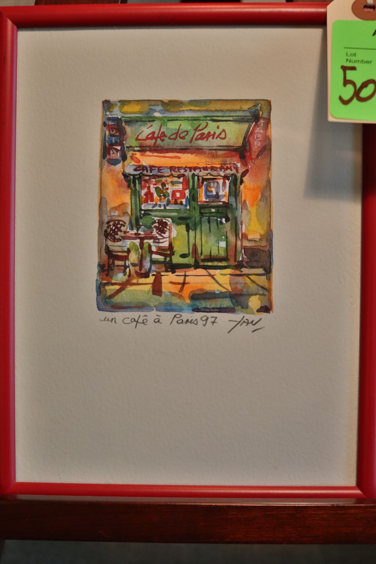 Framed artwork, "UN Café a Paris", '97, unknown artist, watercolor, approximate frame size 8" x 6-1/