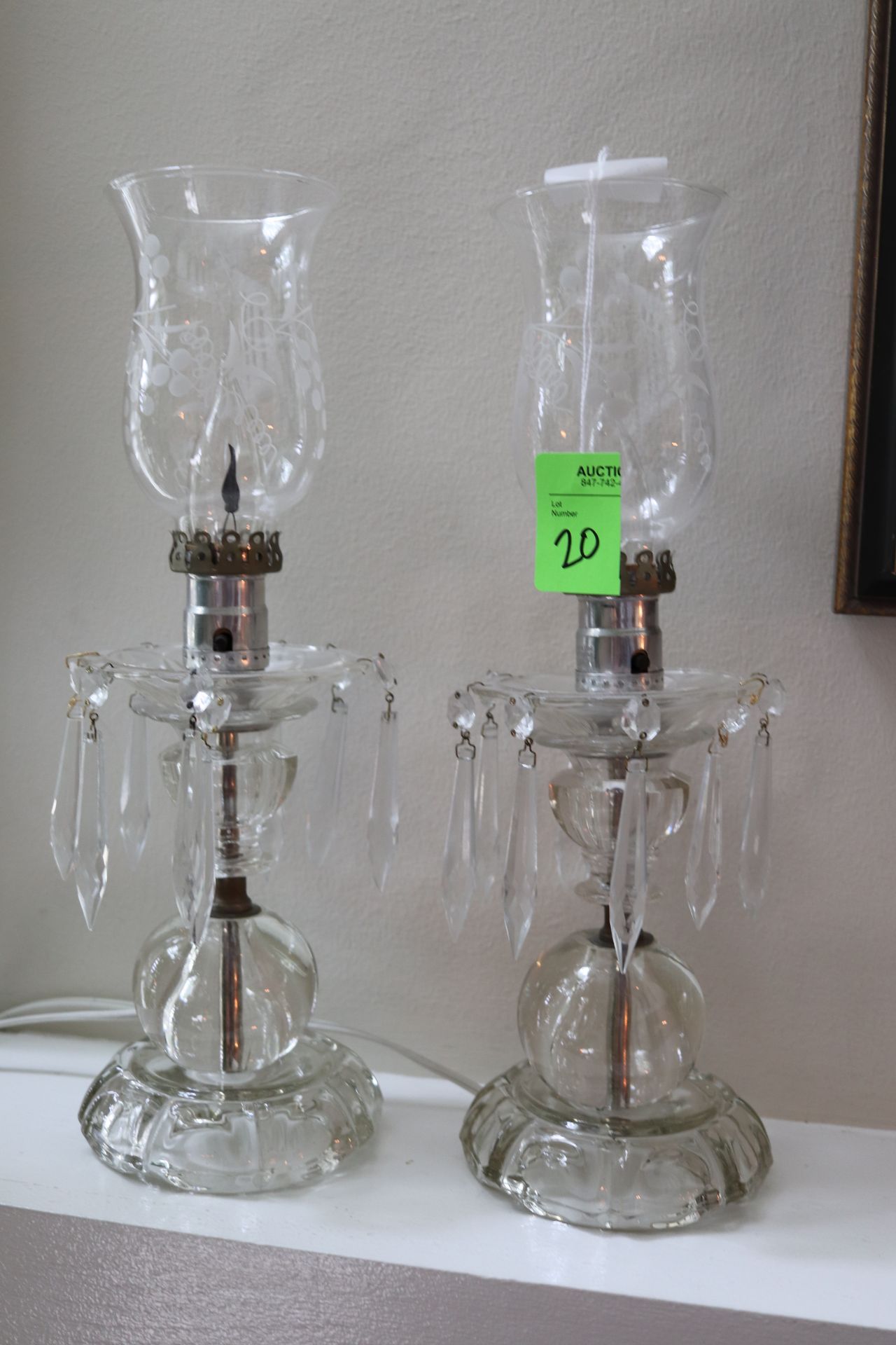 Two glass candle lamps complete with prism drops, electrified