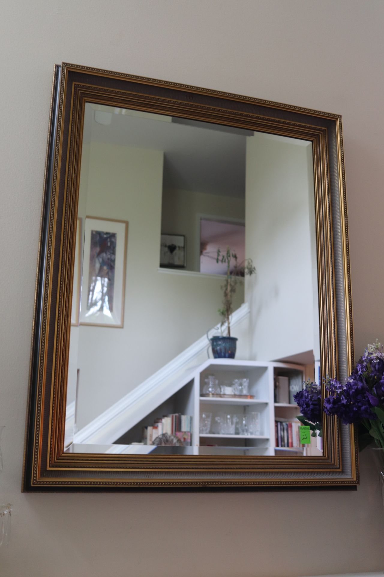 French style gilt framed and beveled glass wall mirror, approximate size 46" x 36"