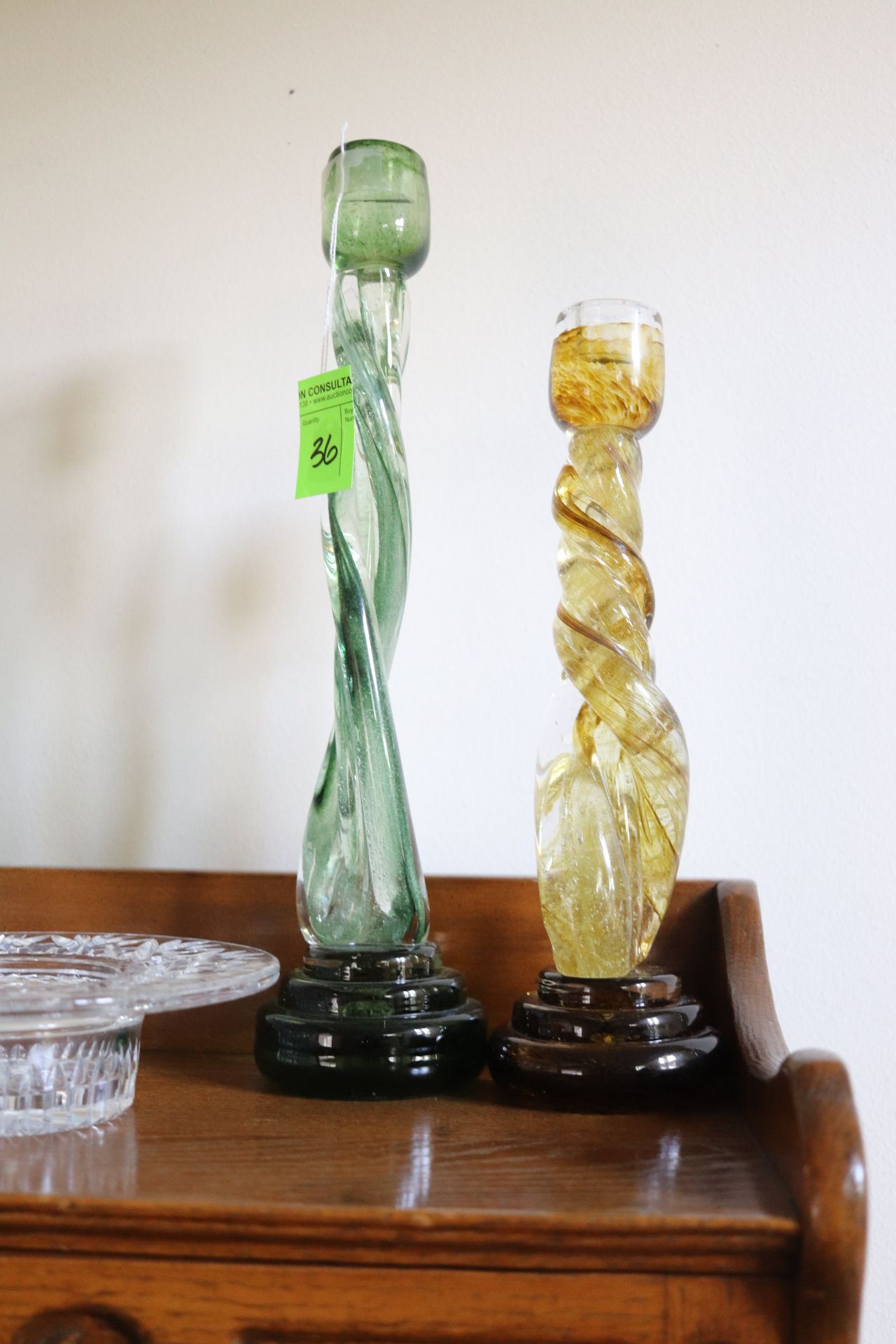 Two candlesticks signed Karen Noiloc with a pressed glass bowl, approximate height 15" and 12"