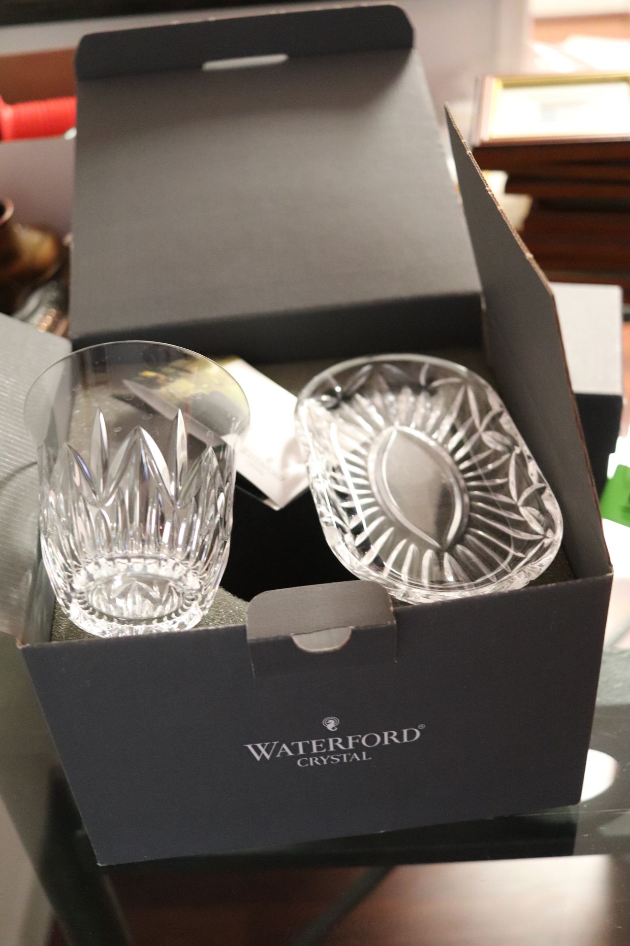 Waterford soap dish and tumbler in box and a Waterford bud vase, approximate height 5" - Image 2 of 3