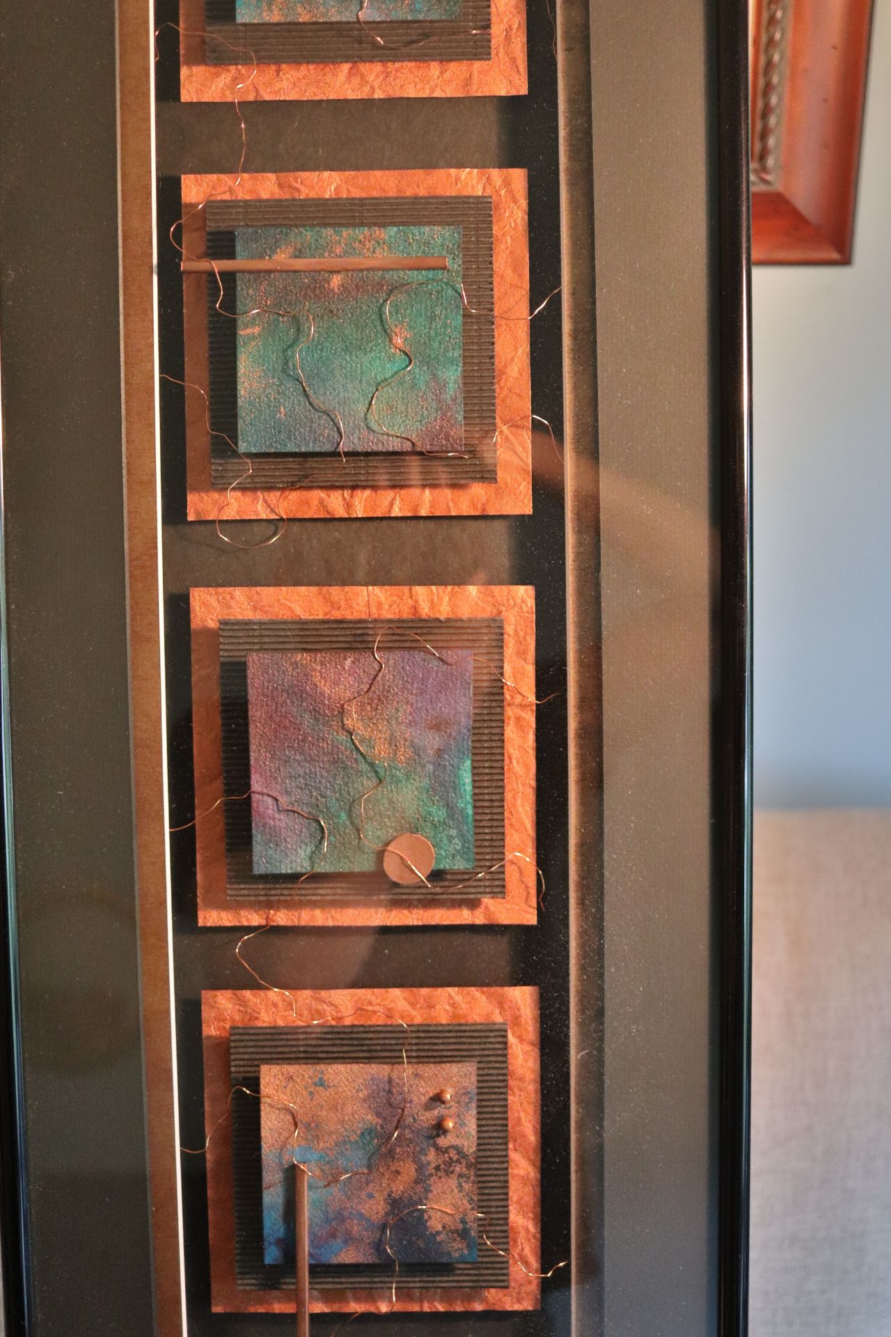 Framed artwork, mixed media, composed of metal, foil, copper wire and beads, "Precious Jewels with C - Image 6 of 8