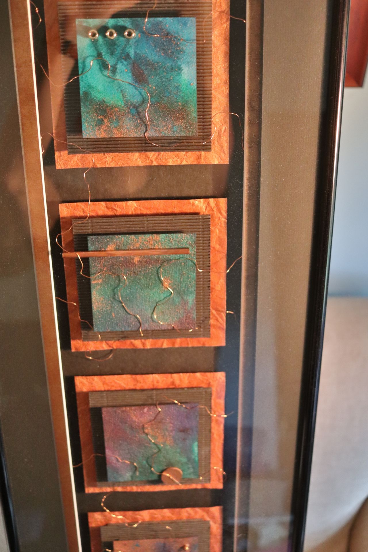 Framed artwork, mixed media, composed of metal, foil, copper wire and beads, "Precious Jewels with C - Image 7 of 8