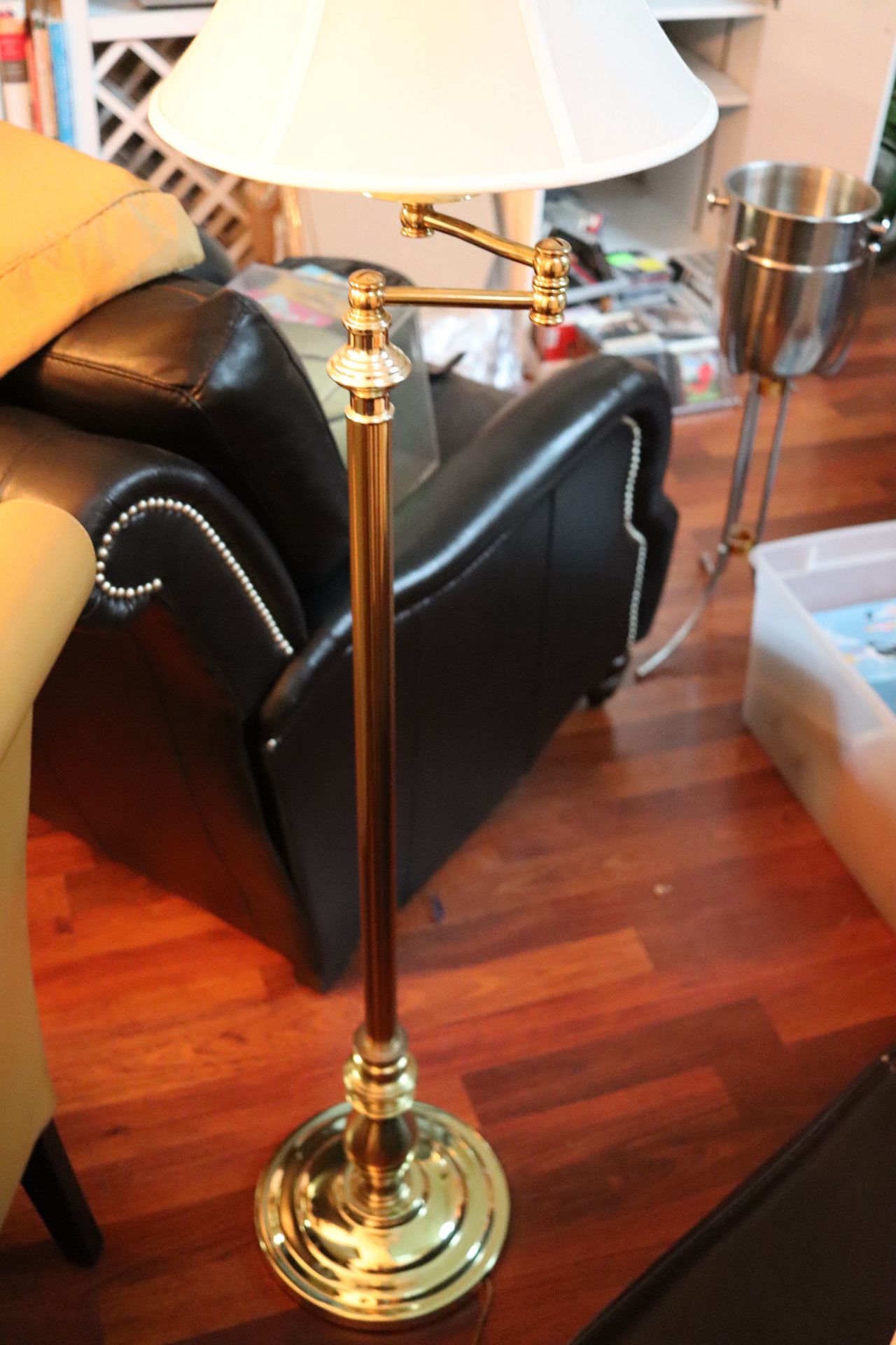 Brass adjustable arm floor lamp fitted with a white shade, approximate height 58" - Image 2 of 2